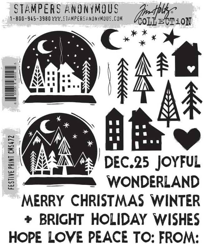Tim Holtz Stampers Anonymous – Juego de sellos adhesivos con estampado festivo + bolsa de almacenamiento de malla Carnora, lanzamiento de septiembre