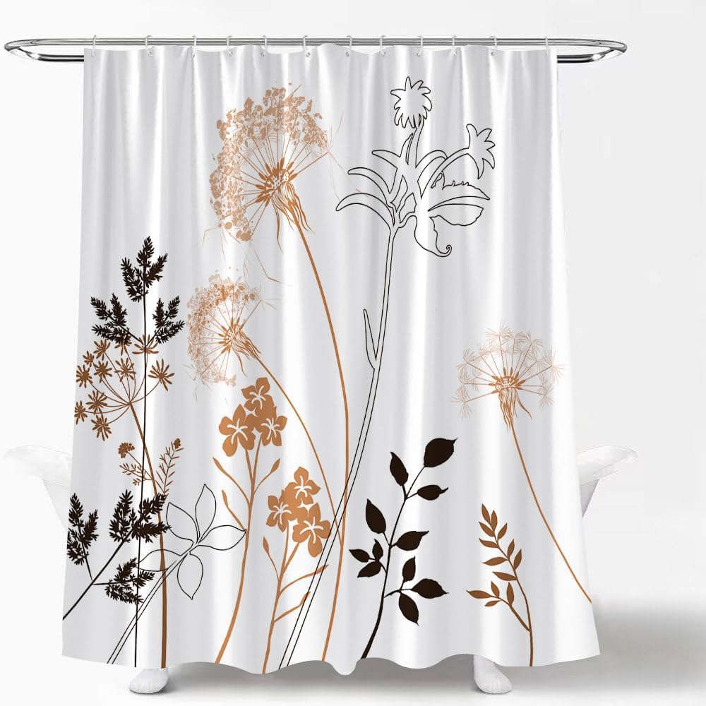 JJYPPY Cortina de ducha con diseño de hojas florales marrones, diseño de hojas florales, plantas naturales, flores rústicas, granja, retro,