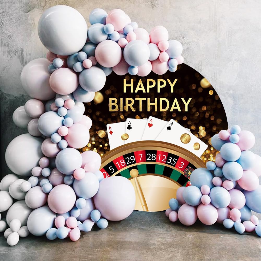 AWERT Fondo redondo de poliéster de 6.5 pies de diámetro de feliz cumpleaños, Las Vegas, Casino, Noche, Dados, fichas de póquer, monedas de oro,