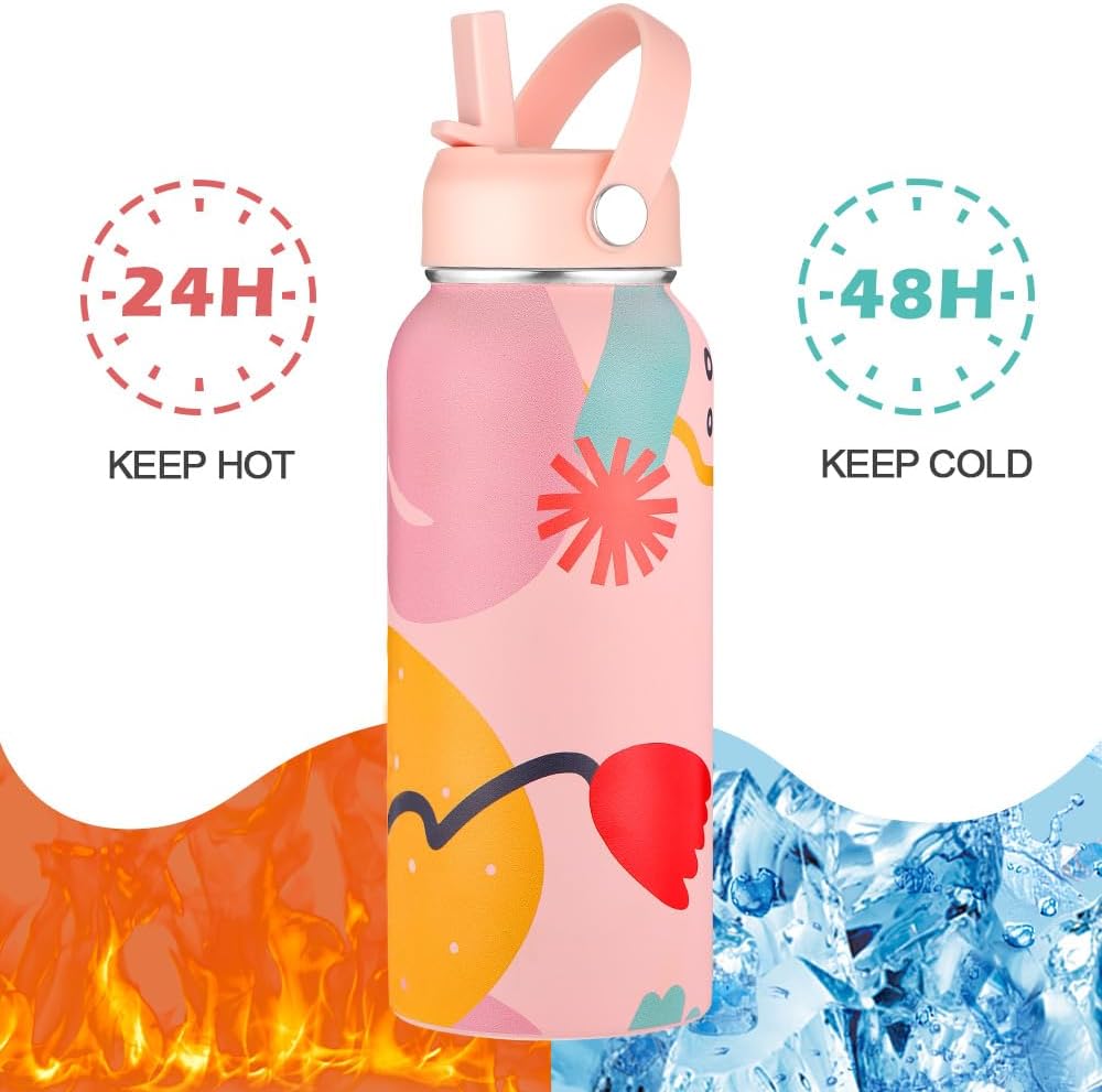WEREWOLVES Botella de agua aislada personalizada con mango de paracaídas, tapa de popote y tapa de boquilla, botella de agua de boca ancha de acero