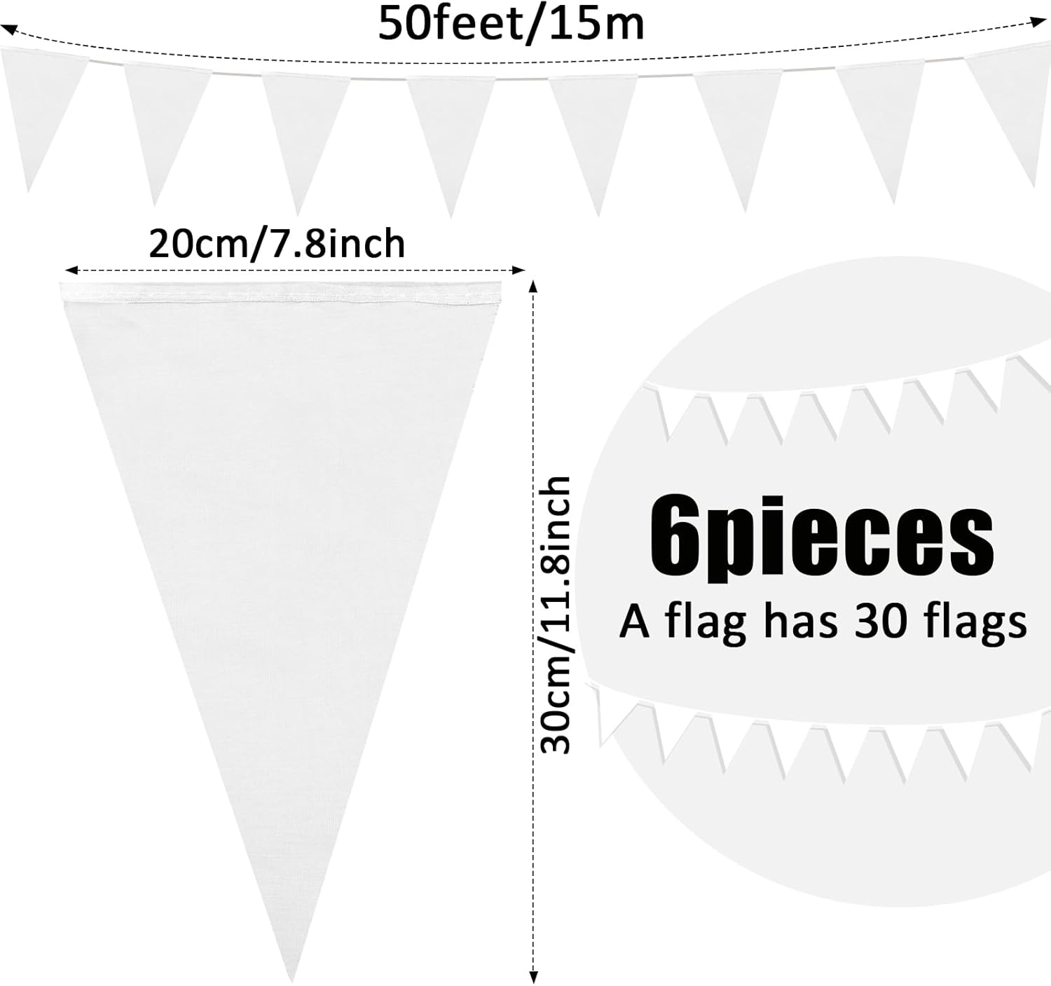Panelee Banderines en blanco de 300 pies para colgar de 180 piezas, guirnalda de banderines triangulares para gran apertura, carnaval, fiesta de