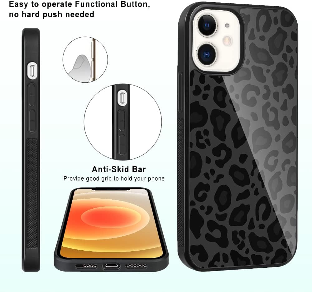 TEAUGHT Funda compatible con iPhone 12 Pro de 6.1 pulgadas, bonito patrón de leopardo negro + protector de pantalla de neumáticos a prueba de