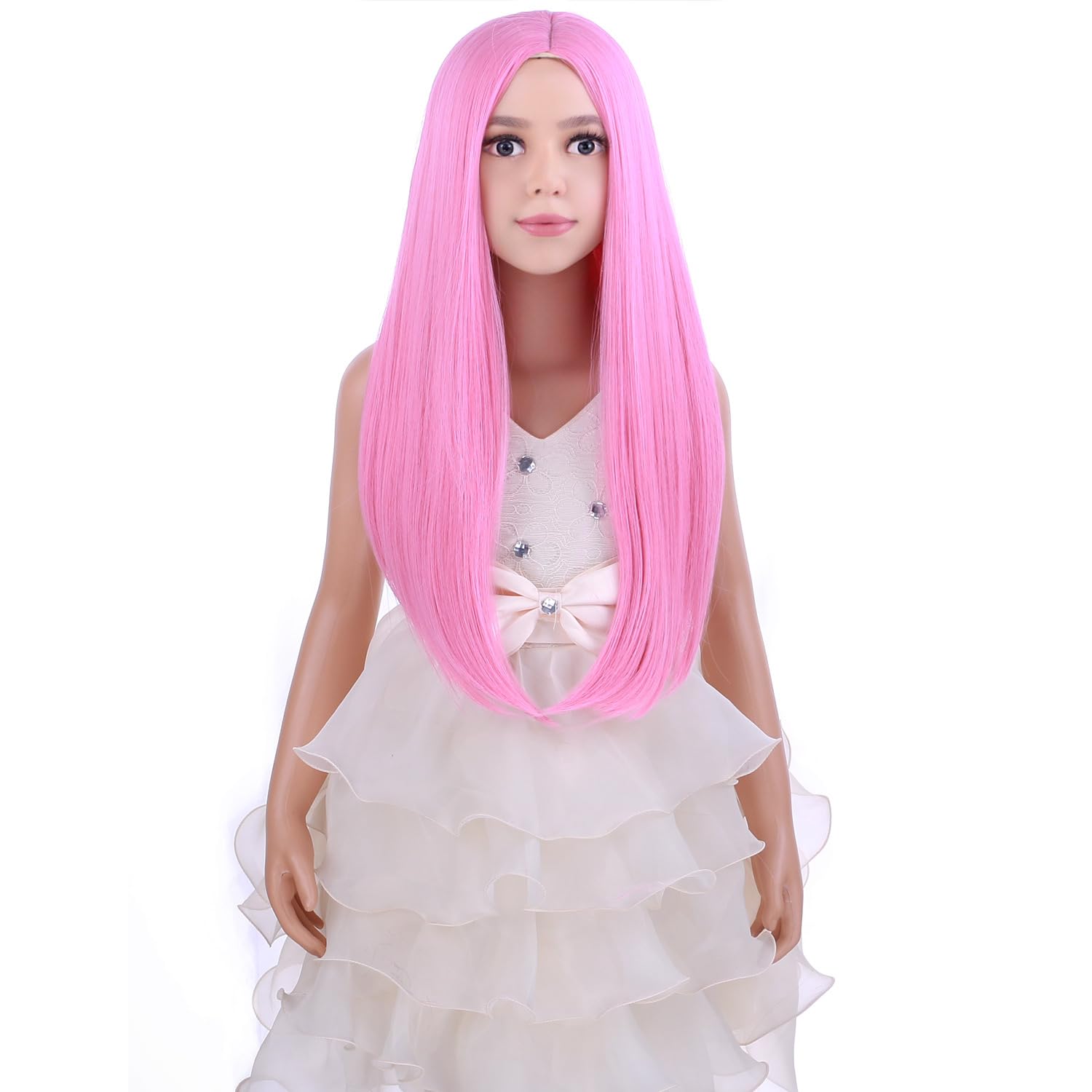 Peluca rosa larga y recta para niños, peluca rosa larga y recta para niñas, pelucas sintéticas largas con gorra de peluca