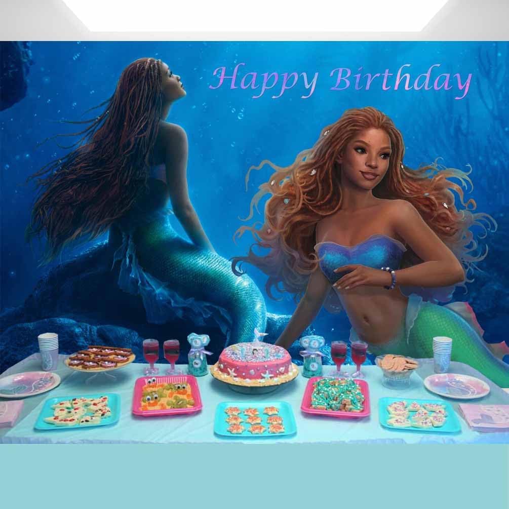Telón de fondo de cumpleaños de sirena de Ariel negro 2023 bajo el mar, fondo de película para mesa de pastel, 7 x 5 pies, 164