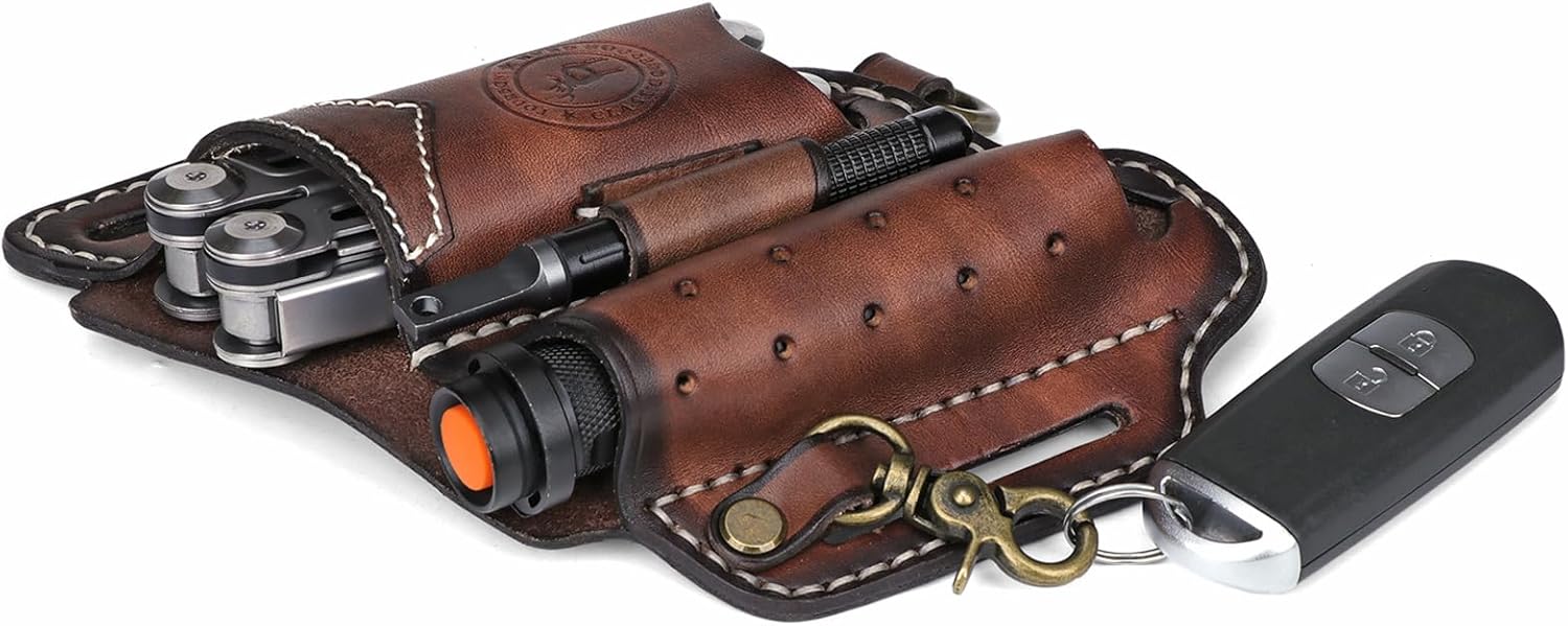 Tourbon Funda multiherramienta de cuero para cinturón compacto EDC bolsa organizador de bolsillo para hombres con funda de linterna soporte para