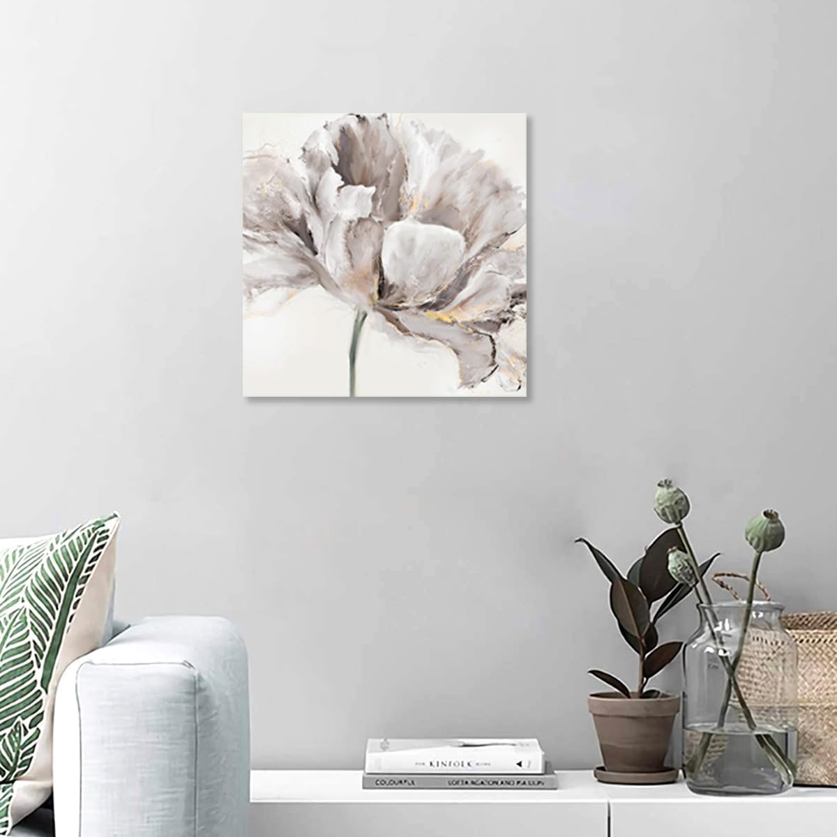 Arte de pared de flores florecientes, arte de pared blanco abstracto floral con pintura a mano dorada sobre lienzo para paredes de baño y