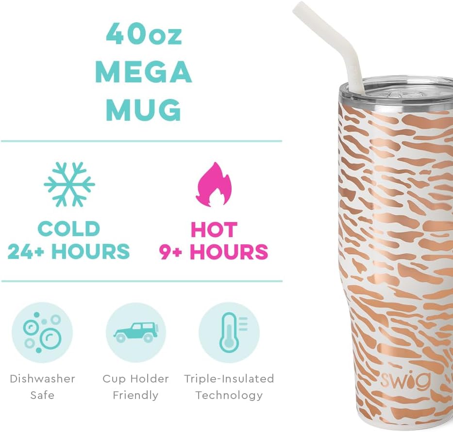 Swig Life Glamazon Rose Mega Set  Taza de viaje de 40 onzas con asa y tapa + vaso con triple aislamiento de 32 onzas con tapa, acero inoxidable,