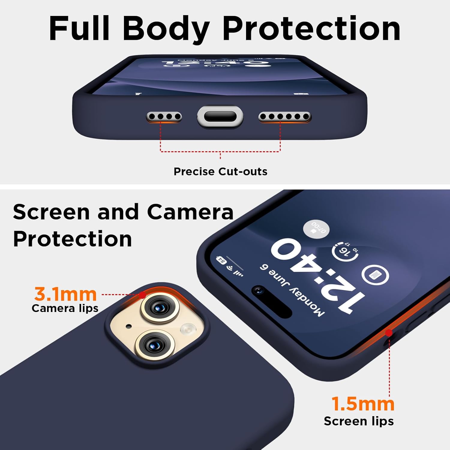 Compatible con iPhone 15, funda de silicona líquida, funda protectora de cuerpo completo a prueba de golpes forro de microfibra suave, funda delgada