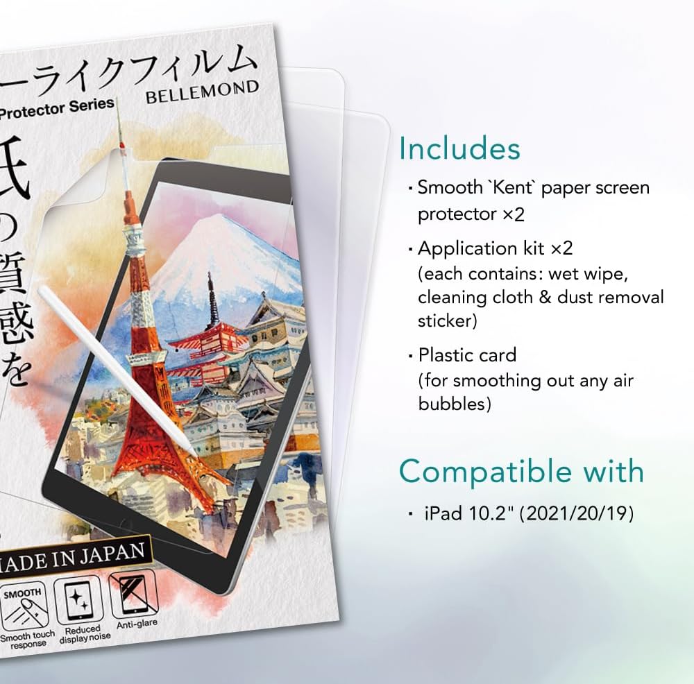 BELLEMOND – Paquete de 2 – Protector de pantalla de papel Smooth Kent fabricado en Japón (versión 2023) para iPad de 10.2 pulgadas de 987 generación