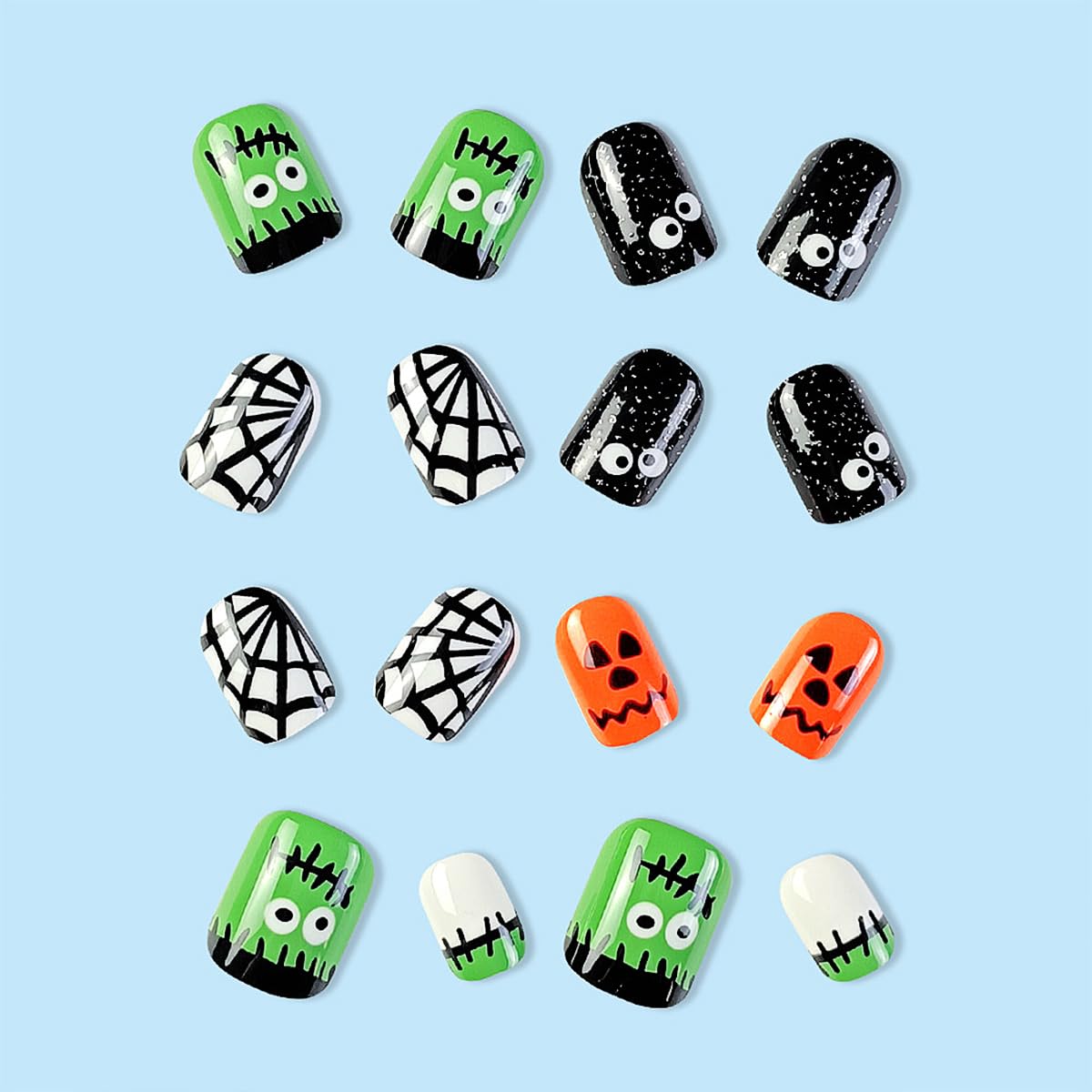 Uñas postizas cortas a presión para Halloween, uñas postizas cuadradas coloridas con ojos de calabaza de dibujos animados, telaraña, cubierta