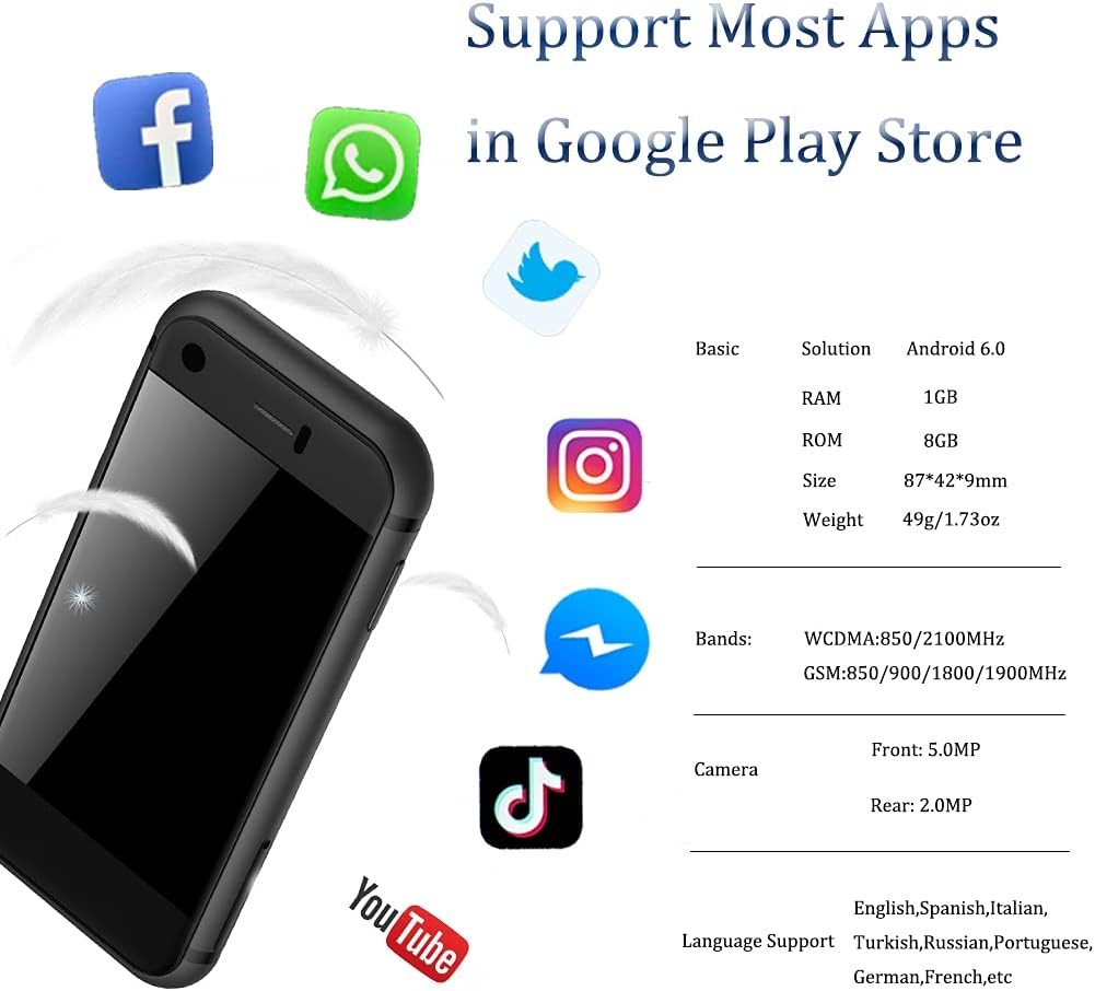 Super Mini 2.5 pulgadas Android Smart Phone Quad Core 1G+8G 5.0MP Dual SIM Mini Teléfonos de alta definición desbloqueados (blanco)
