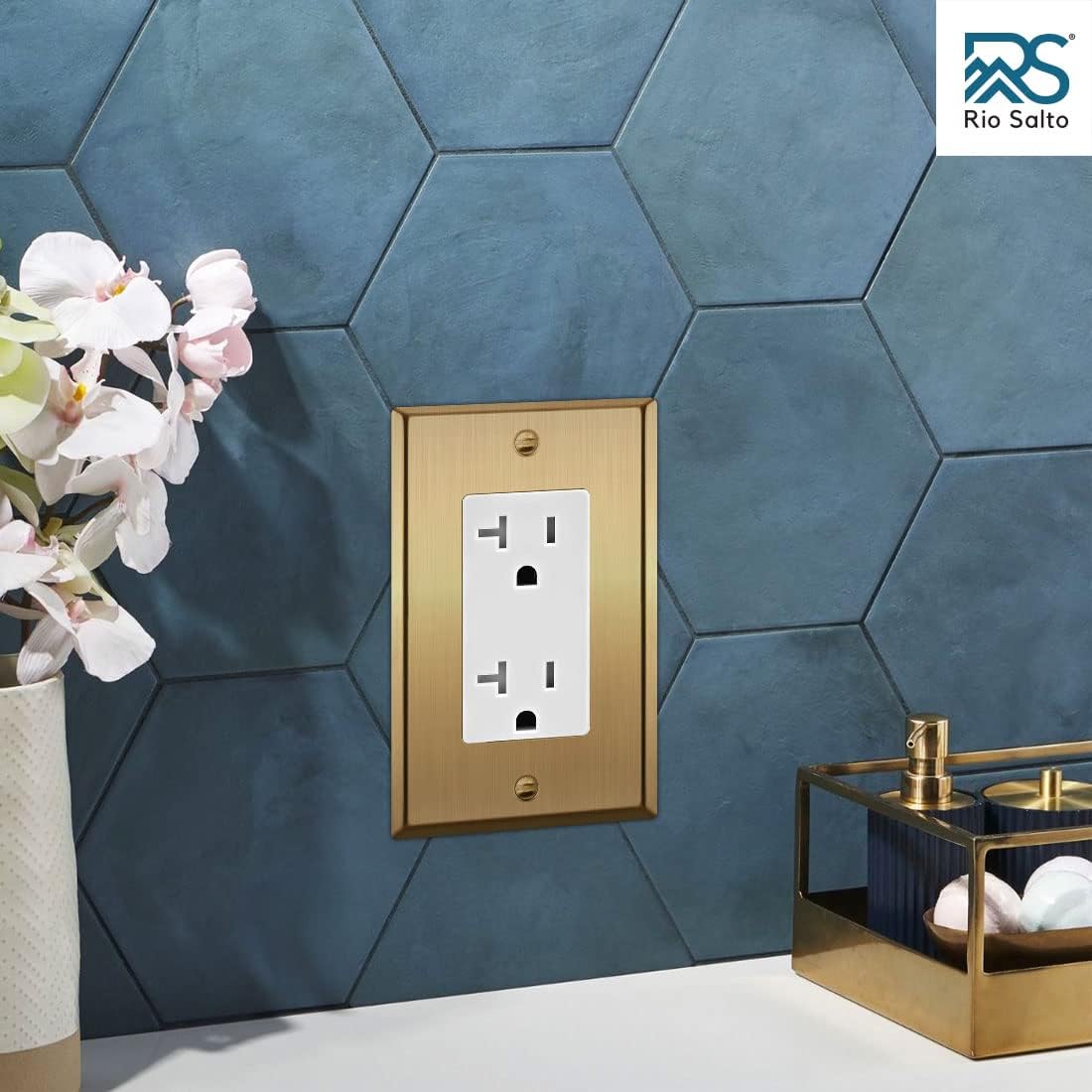 Rio Salto Placa de pared de metal dorado para interruptor de luz o cubierta de enchufe, resistente a la corrosión, cubierta de pared de un solo