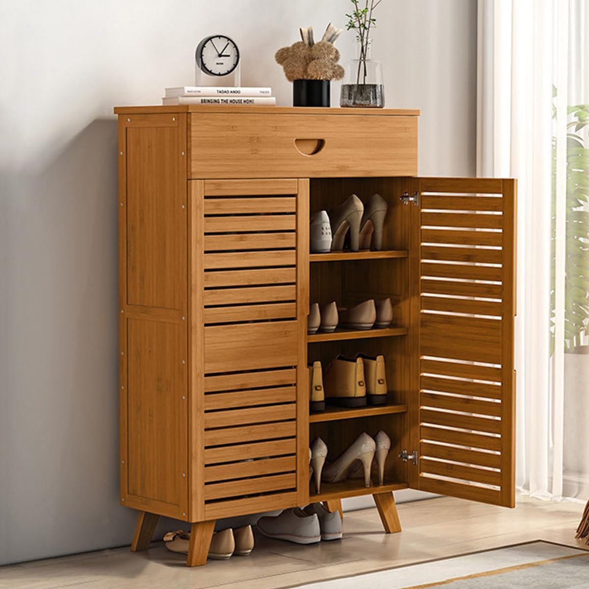 Gdrasuya10 Gabinete de zapatos de bambú para entrada, organizador de zapatos de 5 niveles con puertas, estantes de zapatos medianos de pie libre