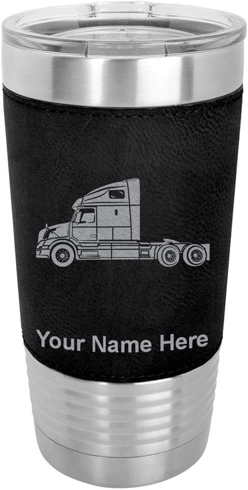 LaserGram Taza aislada al vacío de 20 onzas, cabina de camión, grabado personalizado incluido (piel sintética, negro)