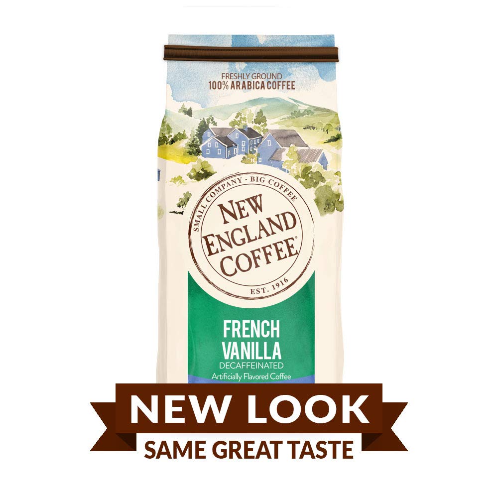 New England Coffee Café molido de tostado medio descafeinado de vainilla francesa, 10 onzas, bolsa, beige y verde