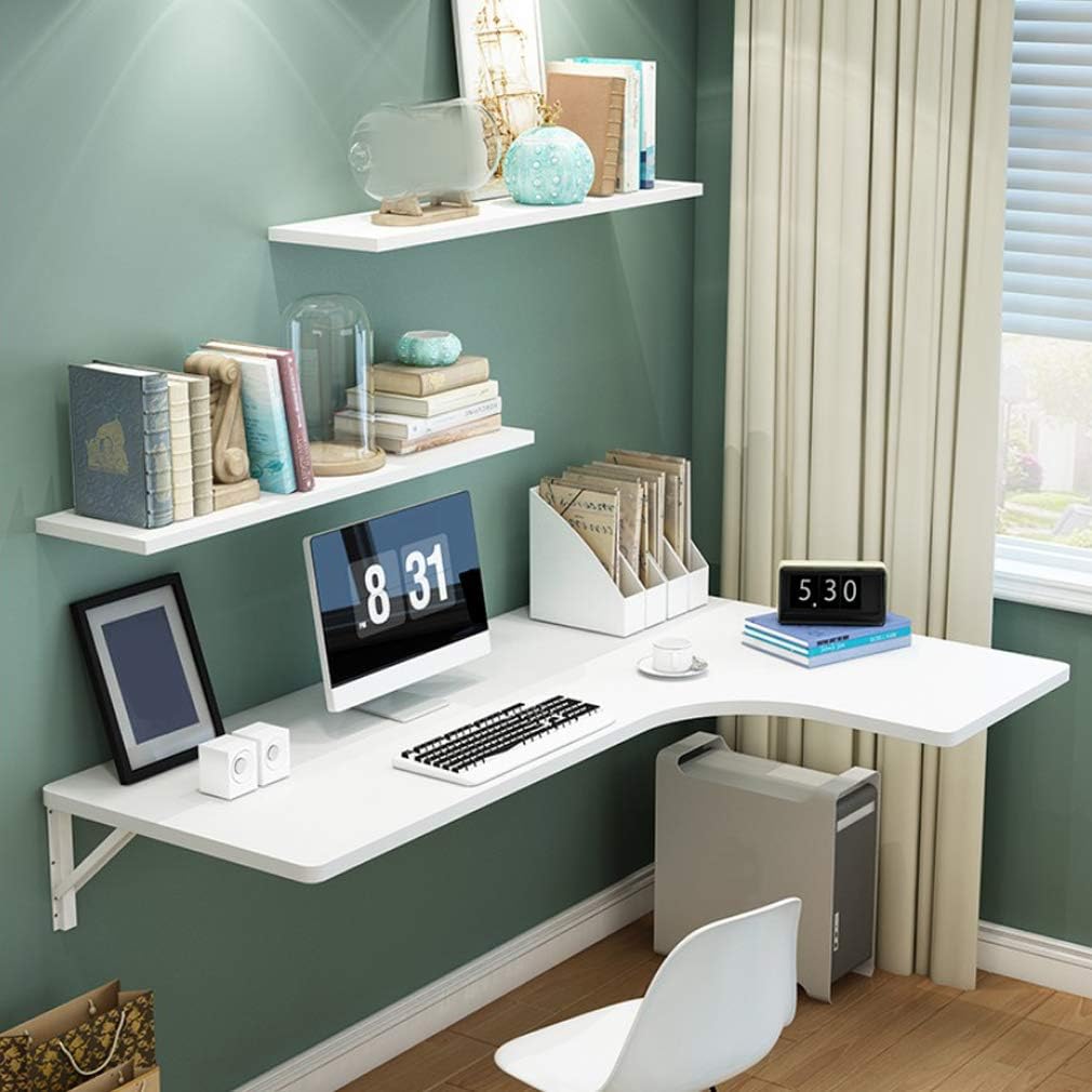 mesa plegable flotante de madera, multifunción, mesa de comedor, mesa de estudio, mesa de trabajo, 10 tamaños, con accesorios, Madera Acero, Blanco