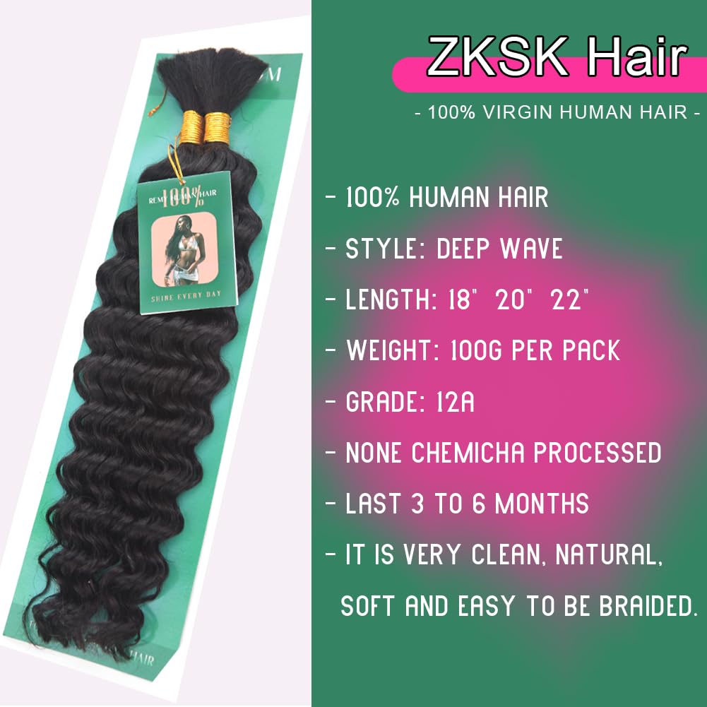 ZKSK Cabello humano ondulado profundo a granel para trenzar, sin trama, 3.53 oz (1 paquete – 2 paquetes), extensiones de cabello humano virgen