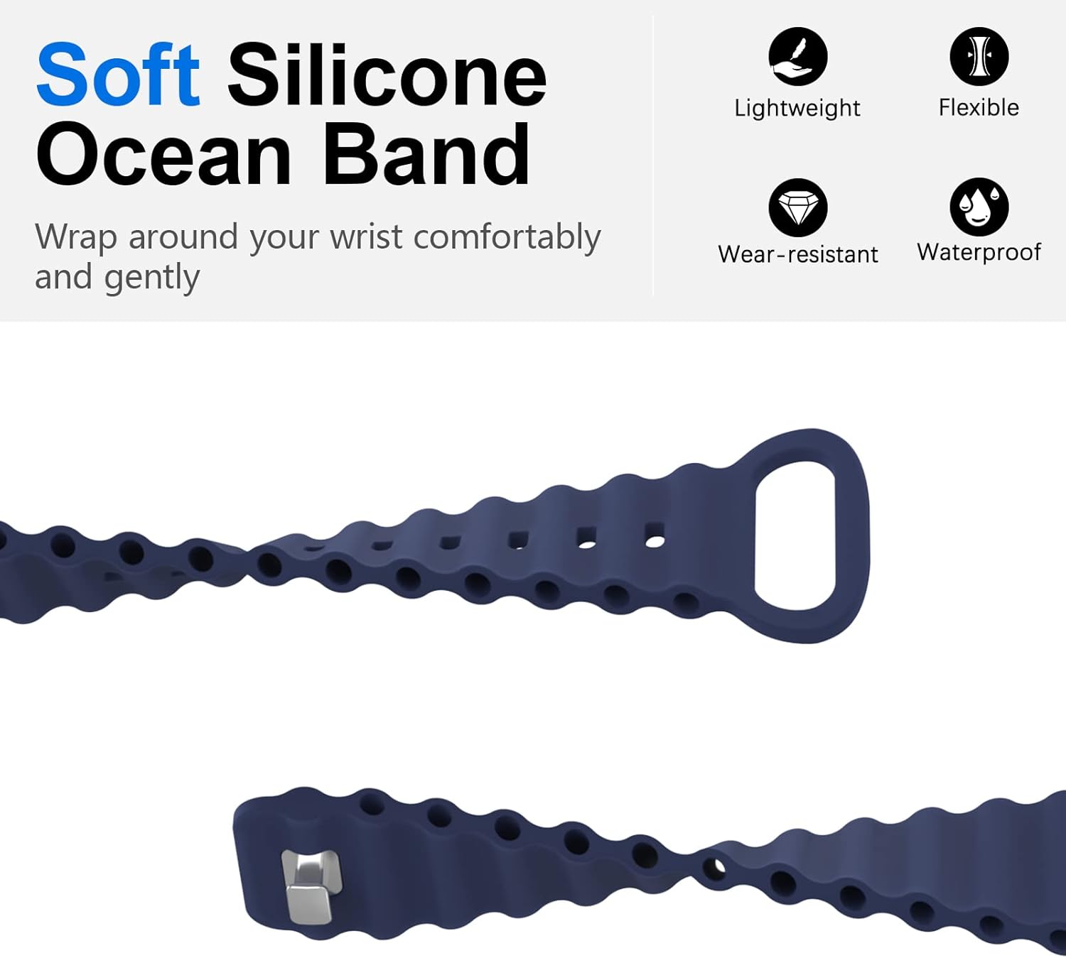 Correa de silicona Ocean compatible con Apple Watch Band Ultra2 Ultra de 1.929 in, 1.772 in, 1.732 in, 1.654 in, iWatch Series 9, 8, 7, SE2, SE, 6,