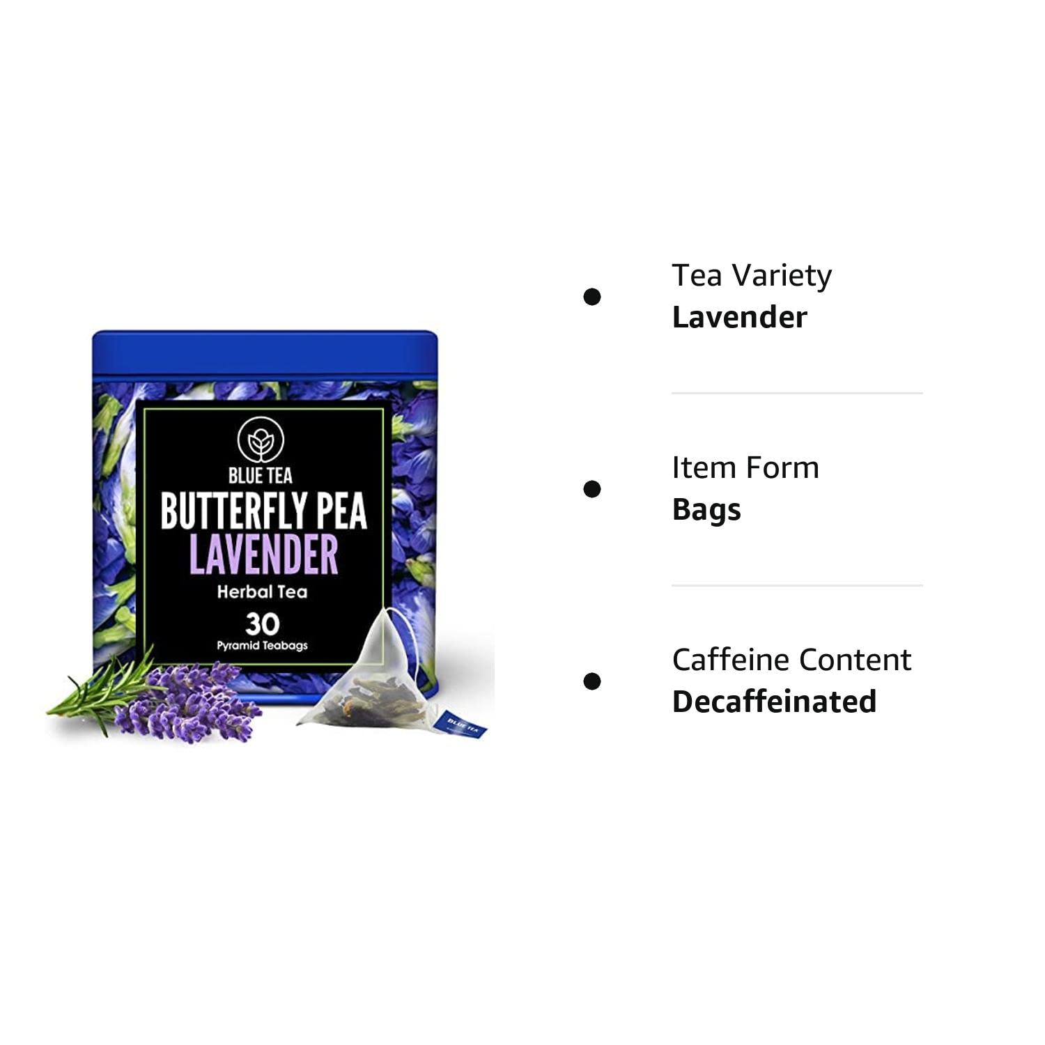 BLUE TEA – Té de lavanda con flores de guisante de mariposa – 30 bolsas de té pirámides  Sin cafeína – calmante y alivio del estrés  Para colorante