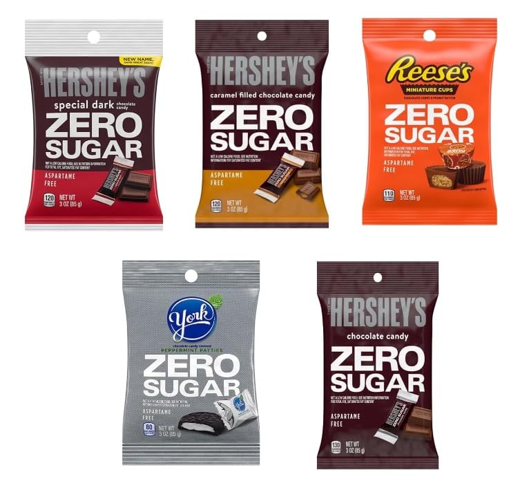 Zero Sugar Hershey – Paquete variado  Paquete de 5  Relleno de caramelo, chocolates, oscuro especial, empanadas de menta, tazas de mantequilla de