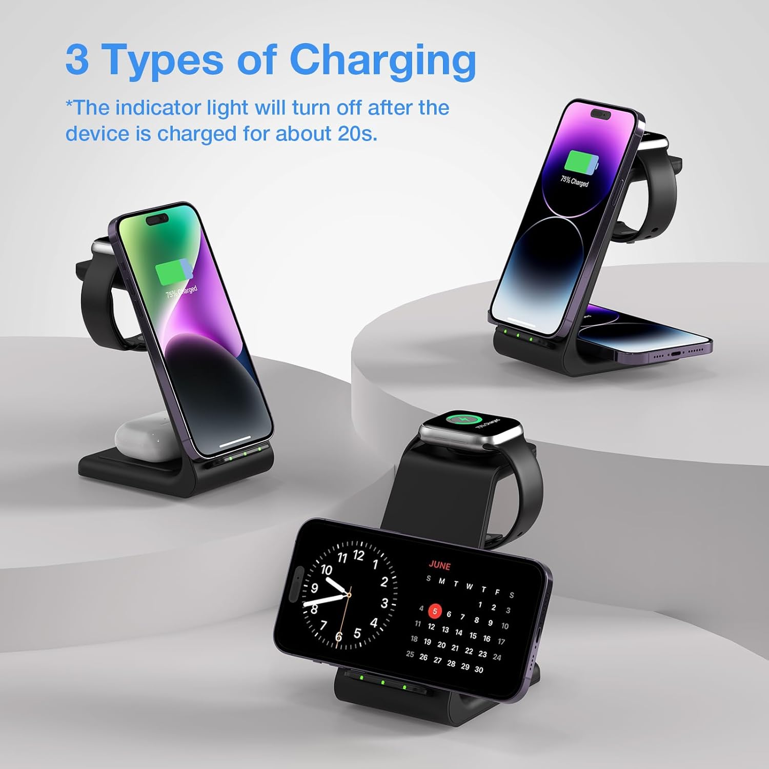 Earteana – Estación de carga para múltiples dispositivos iPhone, base de carga inalámbrica rápida 3 en 1 para Apple Watch 9, 8, 7, 6, SE 5, 4, 3, 2,