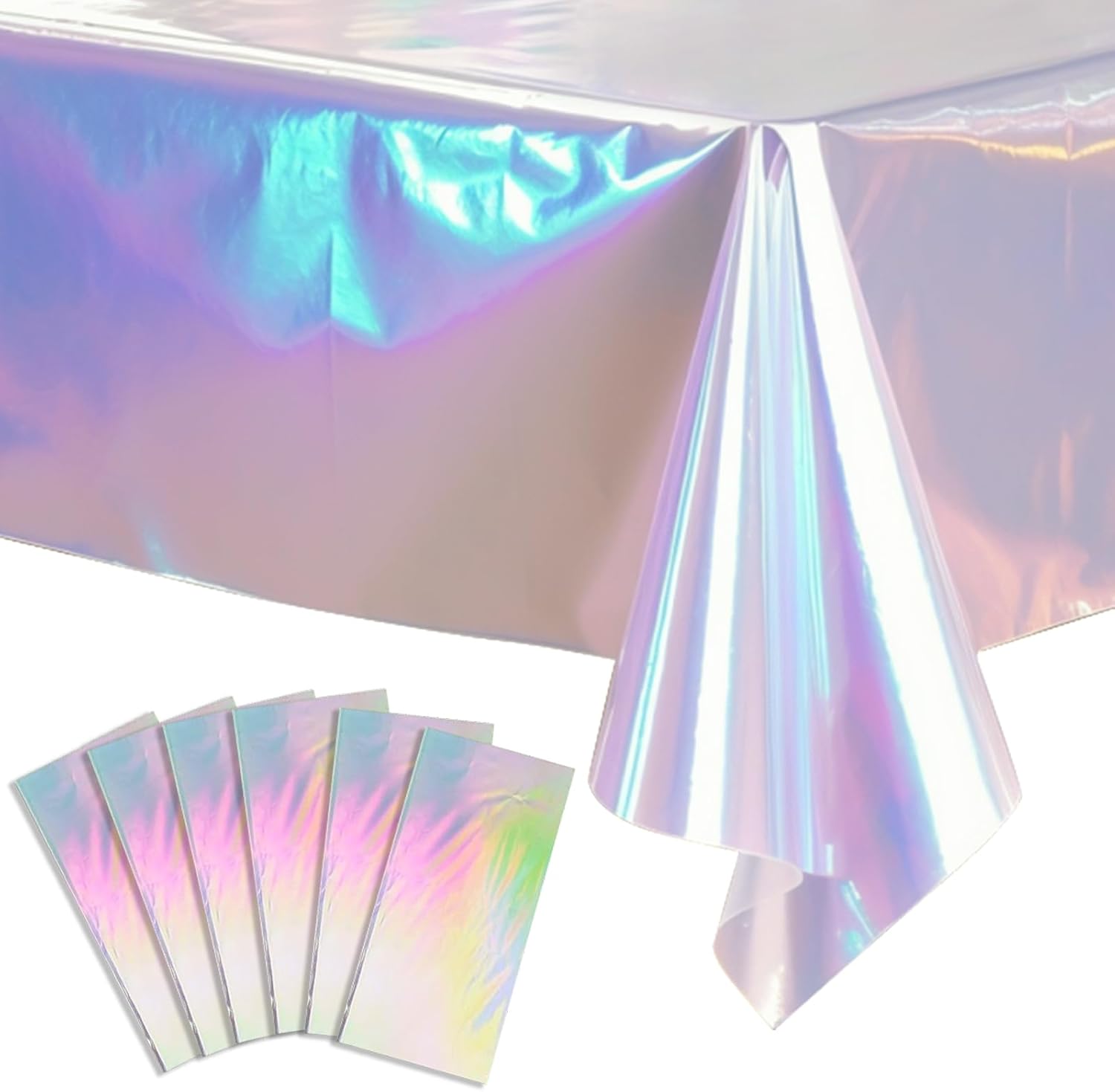 Fixwal Paquete de 6 manteles de plástico iridiscente de 54 x 108 pulgadas, manteles desechables con láser brillante de lámina holográfica de alta