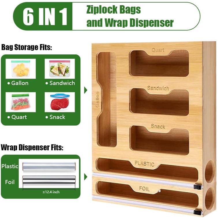 Organizador de almacenamiento de bolsas Ziplock 6 en 1, dispensador de papel de bambú y plástico con cortador organizador para cajón de cocina,