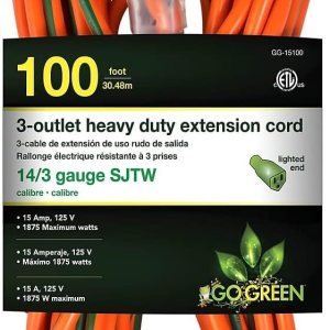 Go Green Power Inc. GG-15100 – Cable de extensión resistente 143, 100 pies, color naranja Go Green Power Inc. GG-15100 – Cable de extensión resistente 143, 100 pies, color naranja