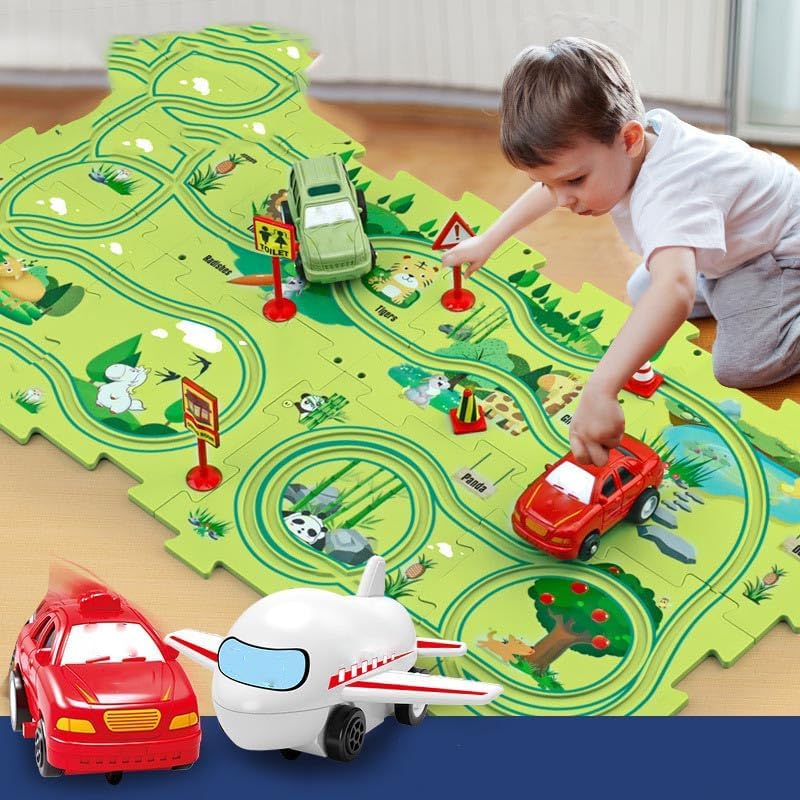 Carrito eléctrico de montaje de 25 piezas, juego de rompecabezas educativo para niños, rompecabezas de pista de automóvil con lindo vehículo,