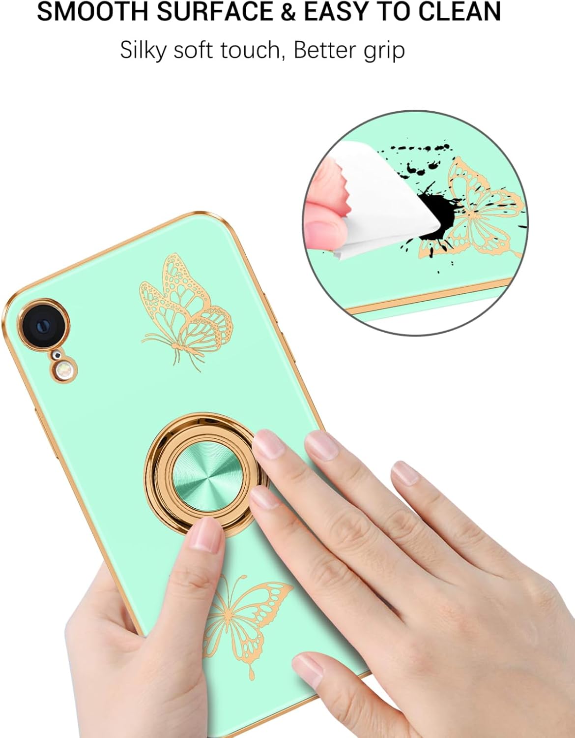 BENTOBEN Funda para iPhone XR, funda para teléfono iPhone XR 6.1, ajuste delgado, diseño de mariposa dorada, soporte de anillo de soporte de anillo