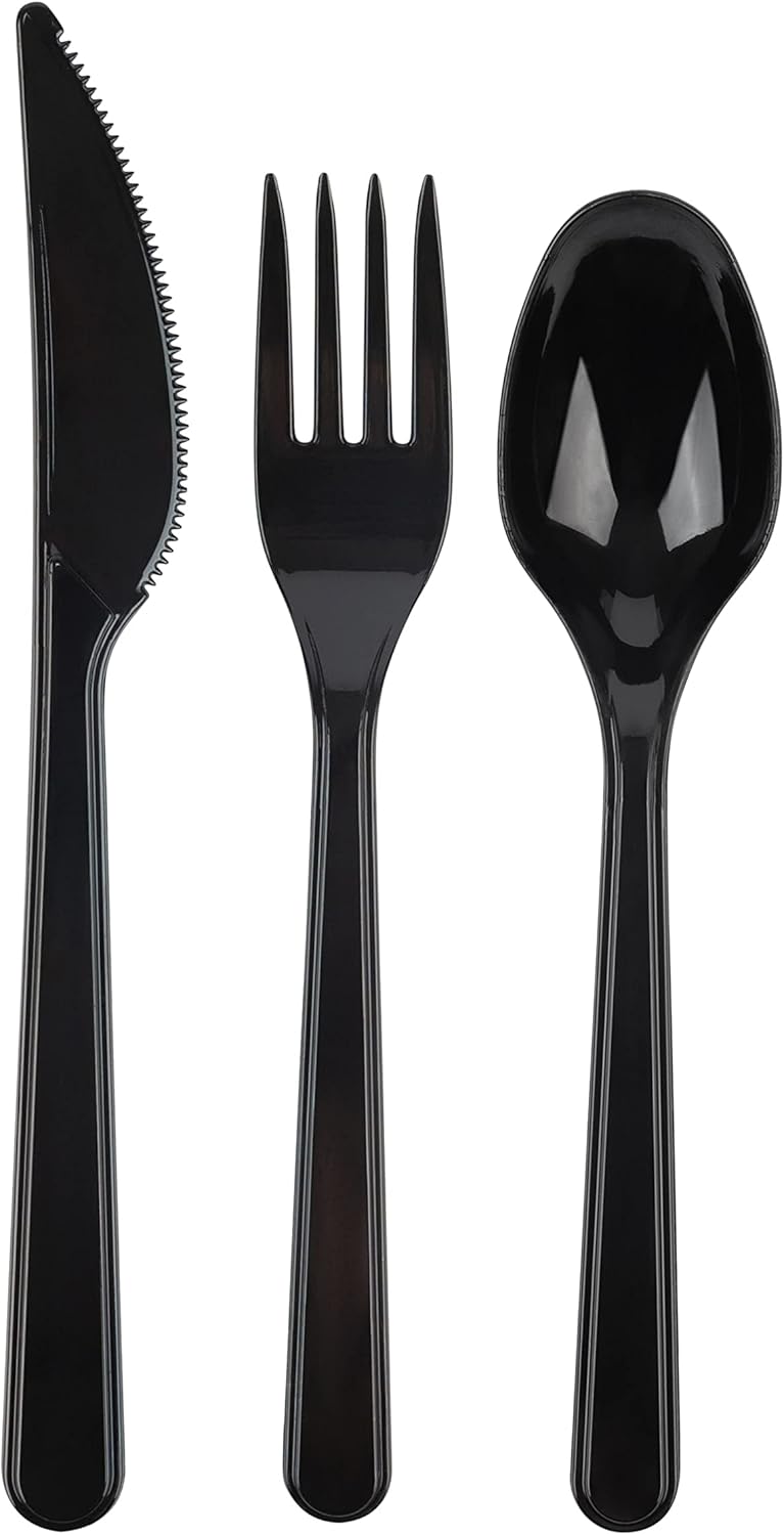 PlasticPro Juego de 100 cucharas de plástico pesadas, cucharas desechables negras, juego de cubiertos de plástico