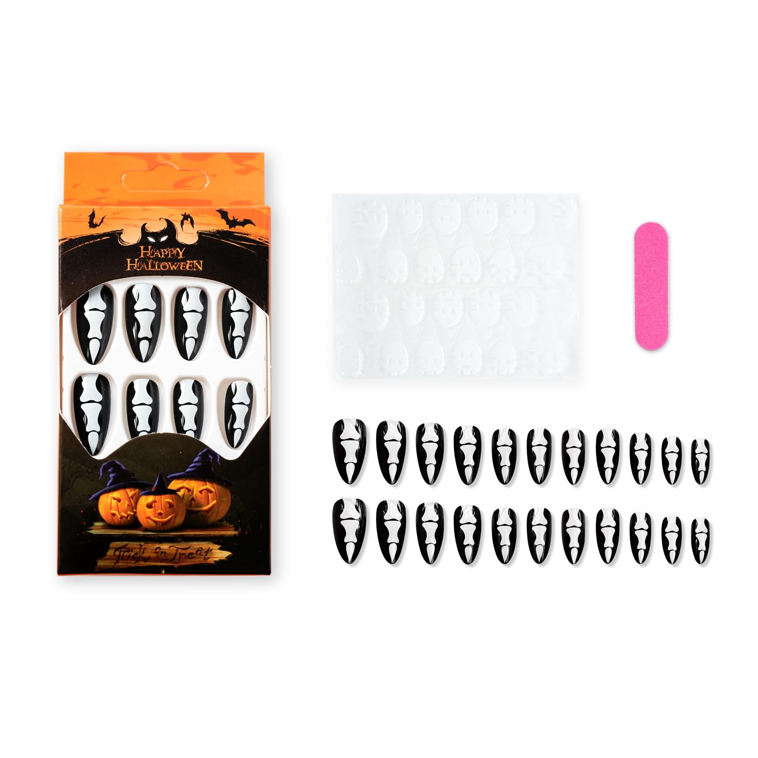 Uñas postizas a presión de huesos góticos, con temática de Halloween, 24 piezas de diseños largos horribles de cobertura completa, uñas postizas de