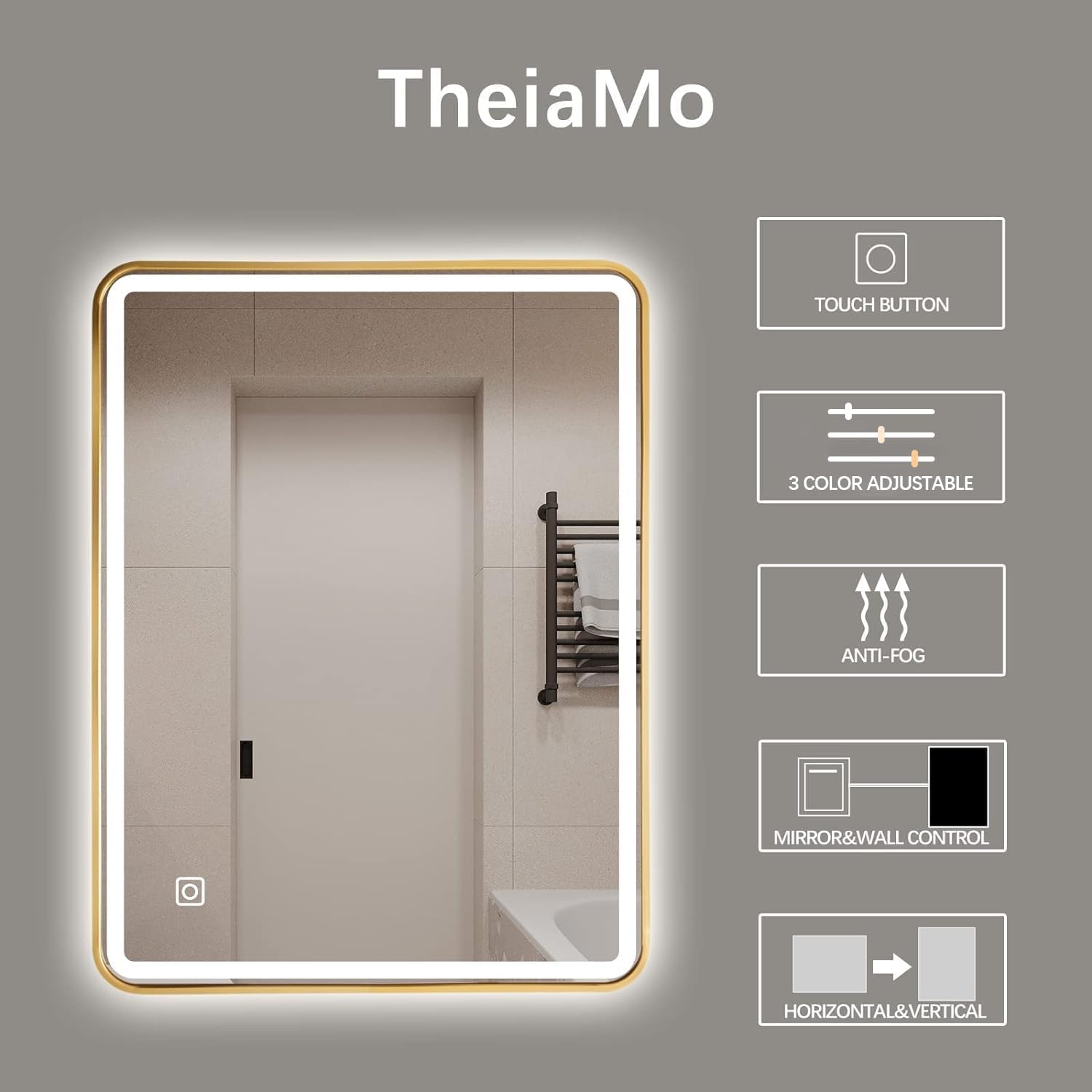 Espejo de baño LED, espejo rectangular de 36 x 28 pulgadas, espejo de pared antivaho con luz cálida  natural  blanca ajustable de 3 colores, 6000 K