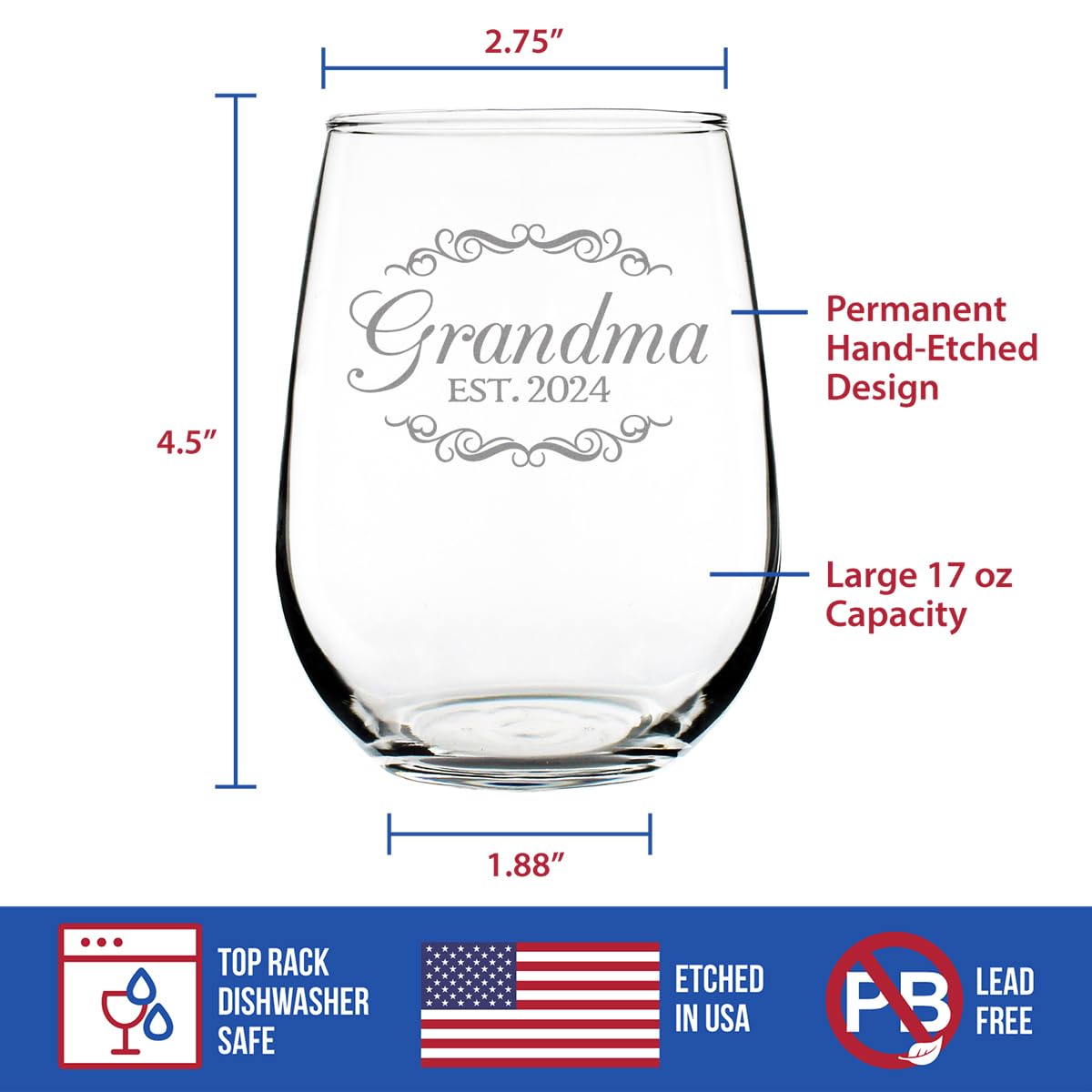 Grandma Est 2024 – New Grandmother Stemless Wine Glass Gift for First Time Grandparents – Decorative 17 Oz Large Glasses