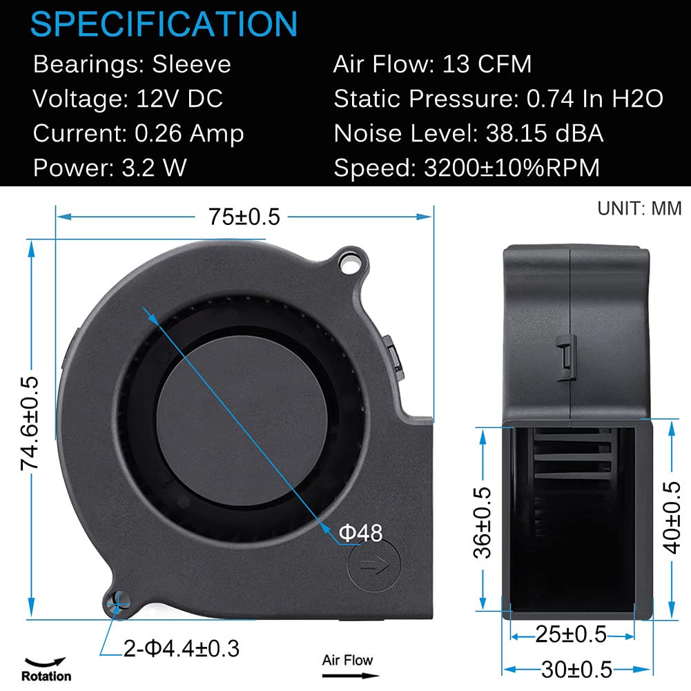 GDSTIME 2.953 in x 1.181 in 7530 DC 12 voltios sin escobillas Turbo ventilador ventilador de refrigeración 2Pin