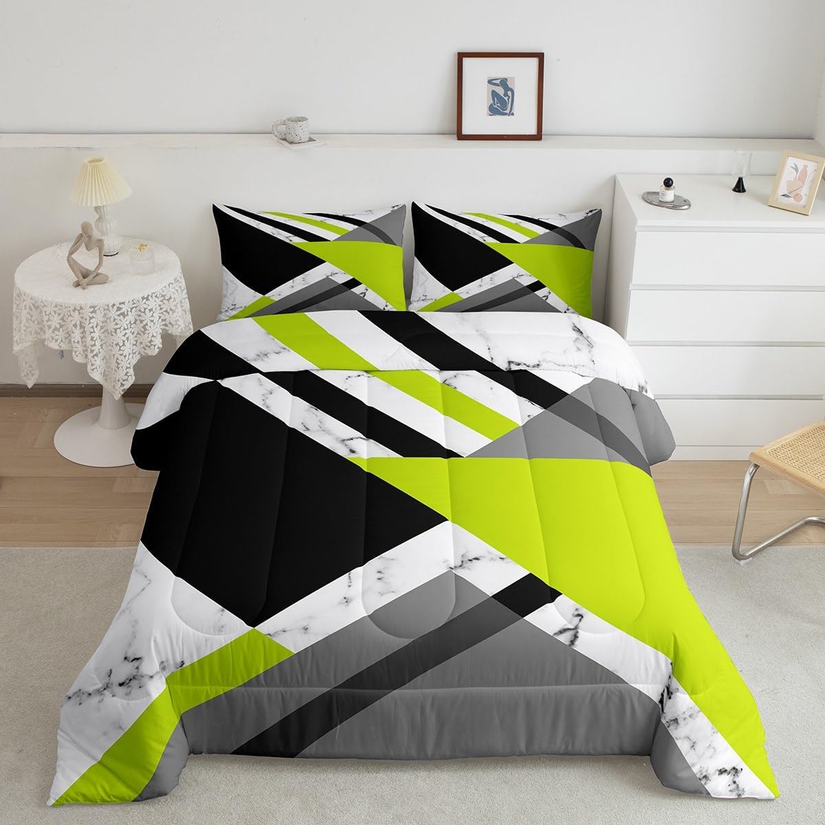 Juego de edredón verde lima y gris, juego de ropa de cama geométrica verde, negro y blanco, tamaño individual, patrón de retazos, geométrico,