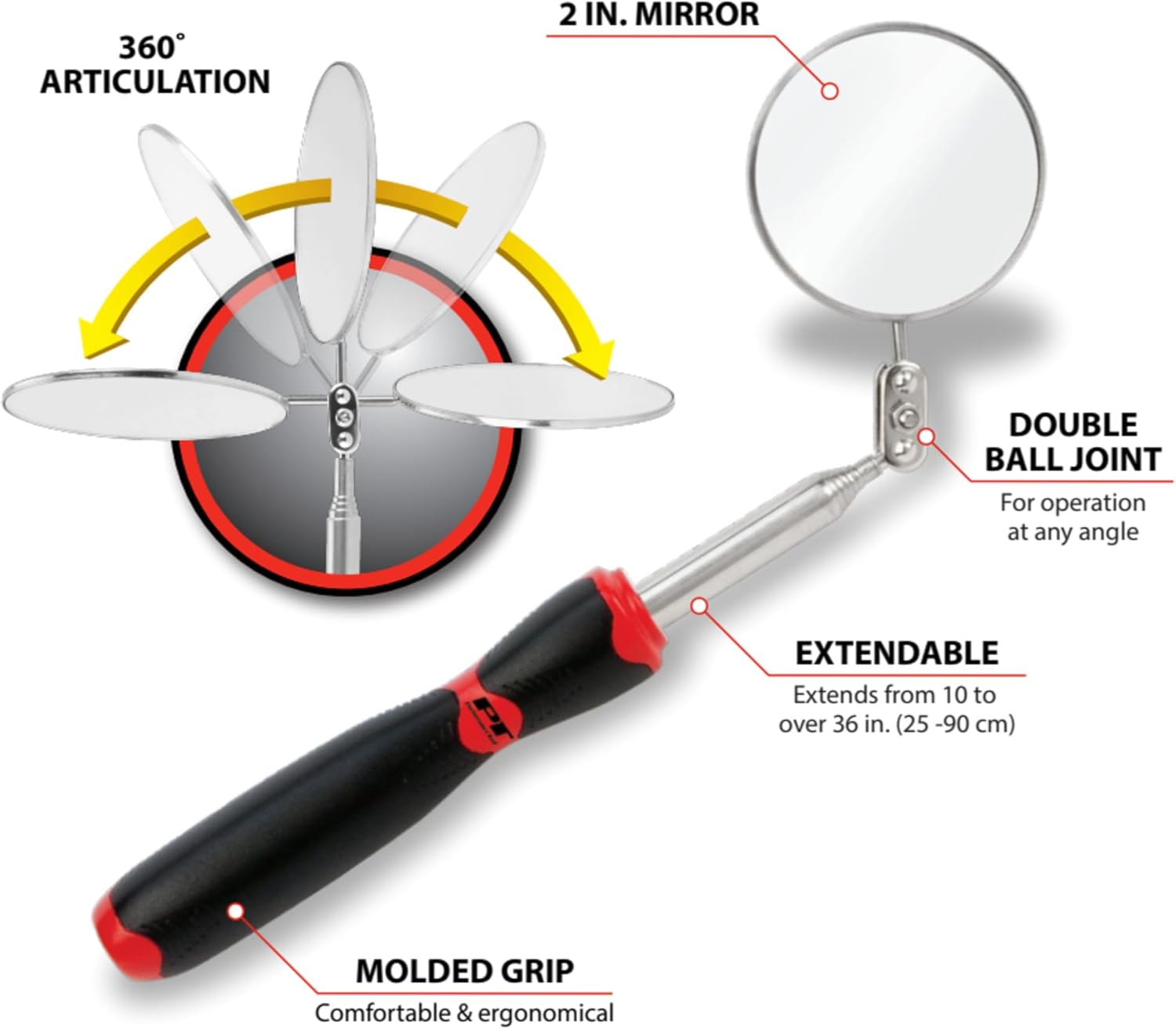 Performance Tool W1255 Jr. Espejo de inspección telescópico jumbo de 2 pulgadas, herramienta versátil y extensible para tareas de inspección y