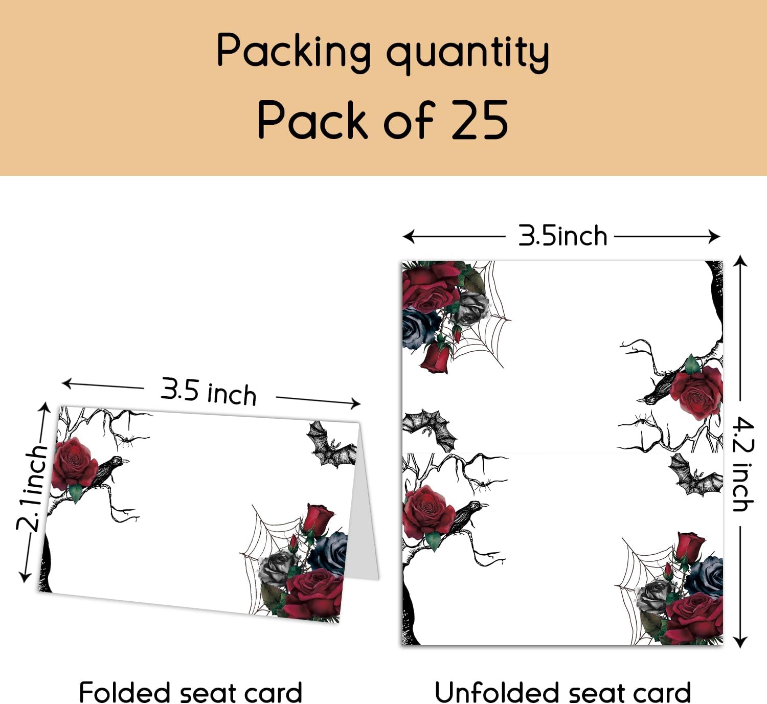 Tarjetas de lugar de rosas rojas de Halloween, con puntuaciones para plegarse fácilmente, 25 tarjetas de lugar para colocar la mesa, tarjetas de