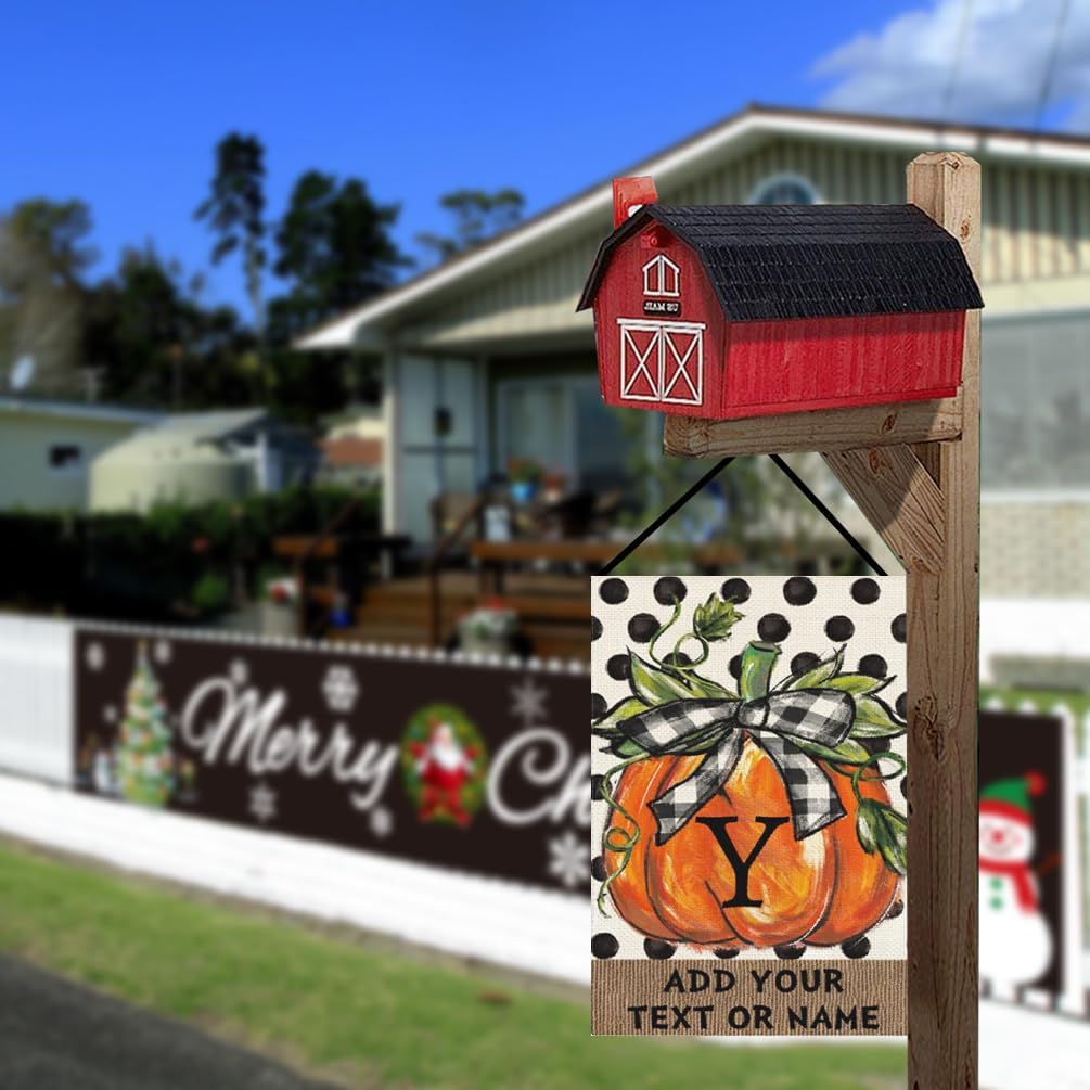 Banderas de jardín personalizadas de calabaza de otoño con texto inicial de 12 x 18 pulgadas, arpillera de doble cara para exteriores, decoración de