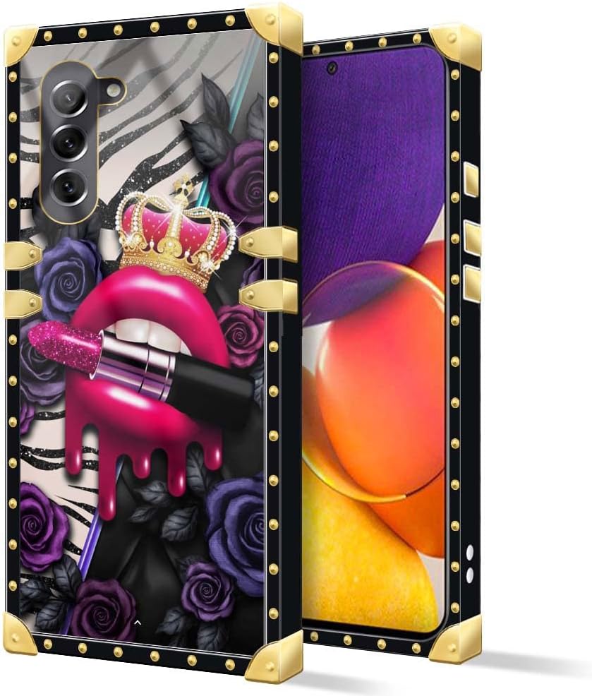 Funda compatible con Samsung Galaxy S23 Plus, funda cuadrada de labios rojos con corona para niñas y mujeres, funda decorativa de metal suave de