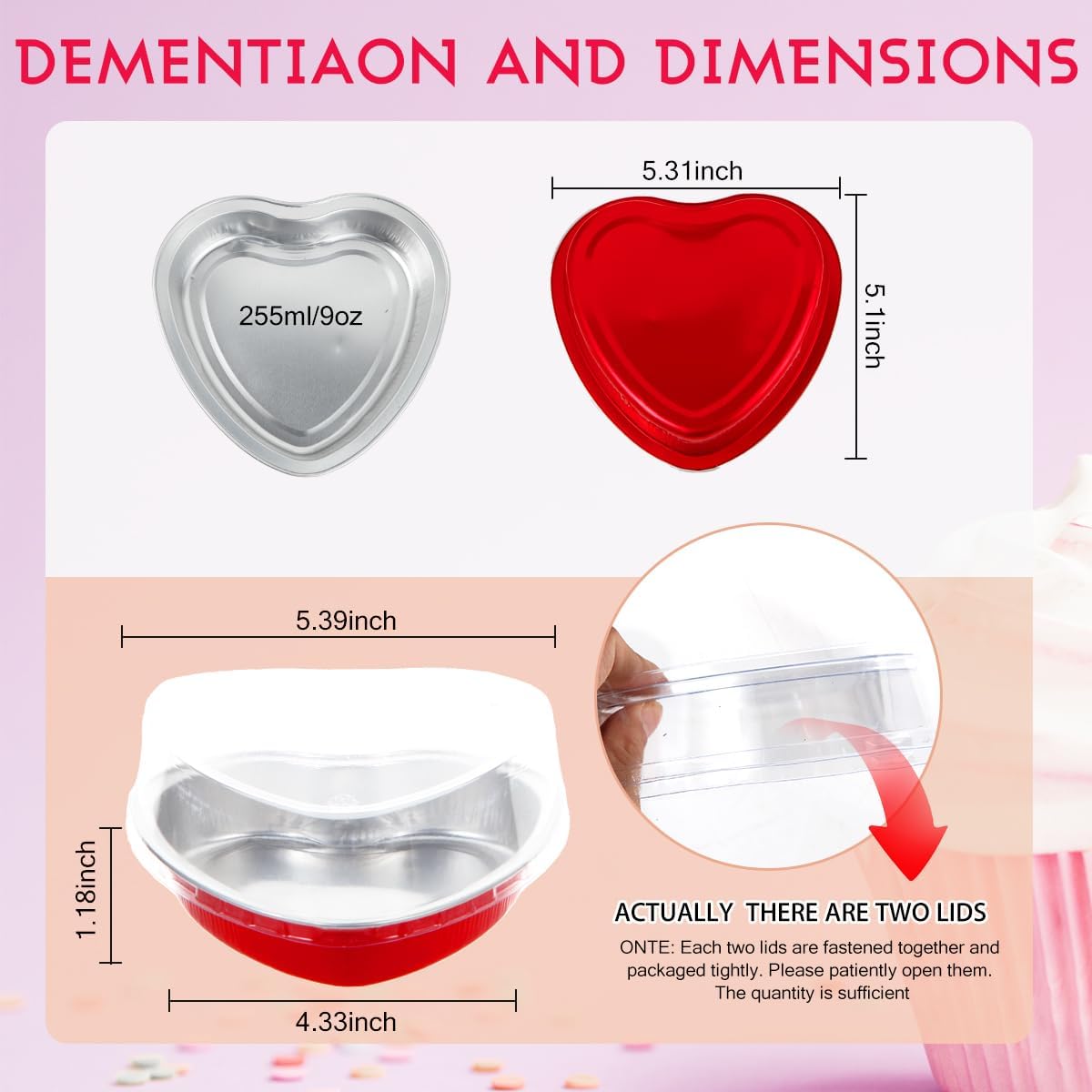 60 paquetes de moldes para pasteles en forma de corazón con tapas, 9 onzas7.6 fl oz, moldes de aluminio desechables de aluminio, moldes para