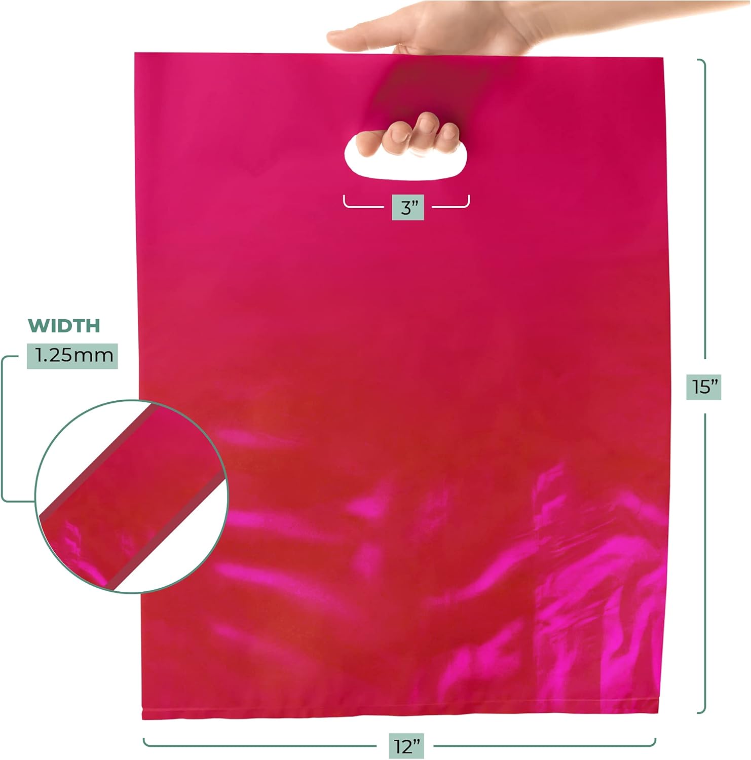 Paquete de 100 bolsas de plástico brillante para mercancías de 12 x 15 pulgadas de grosor de 12 x 15 pulgadas de grosor, asas troqueladas, perfectas