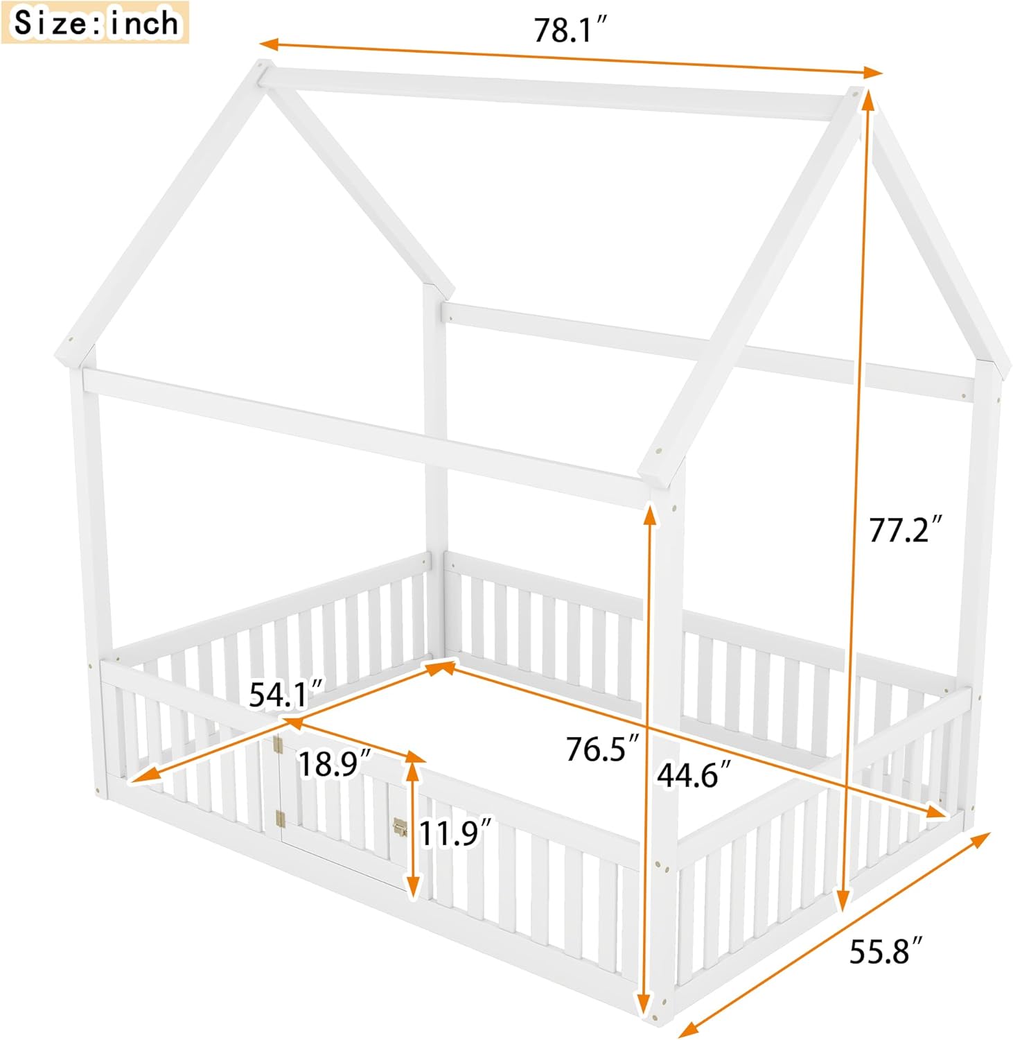 Marco de cama de casa para niños, cama Montessori de madera tamaño matrimonial con diseño de valla y puerta, cama de piso completo con rieles para