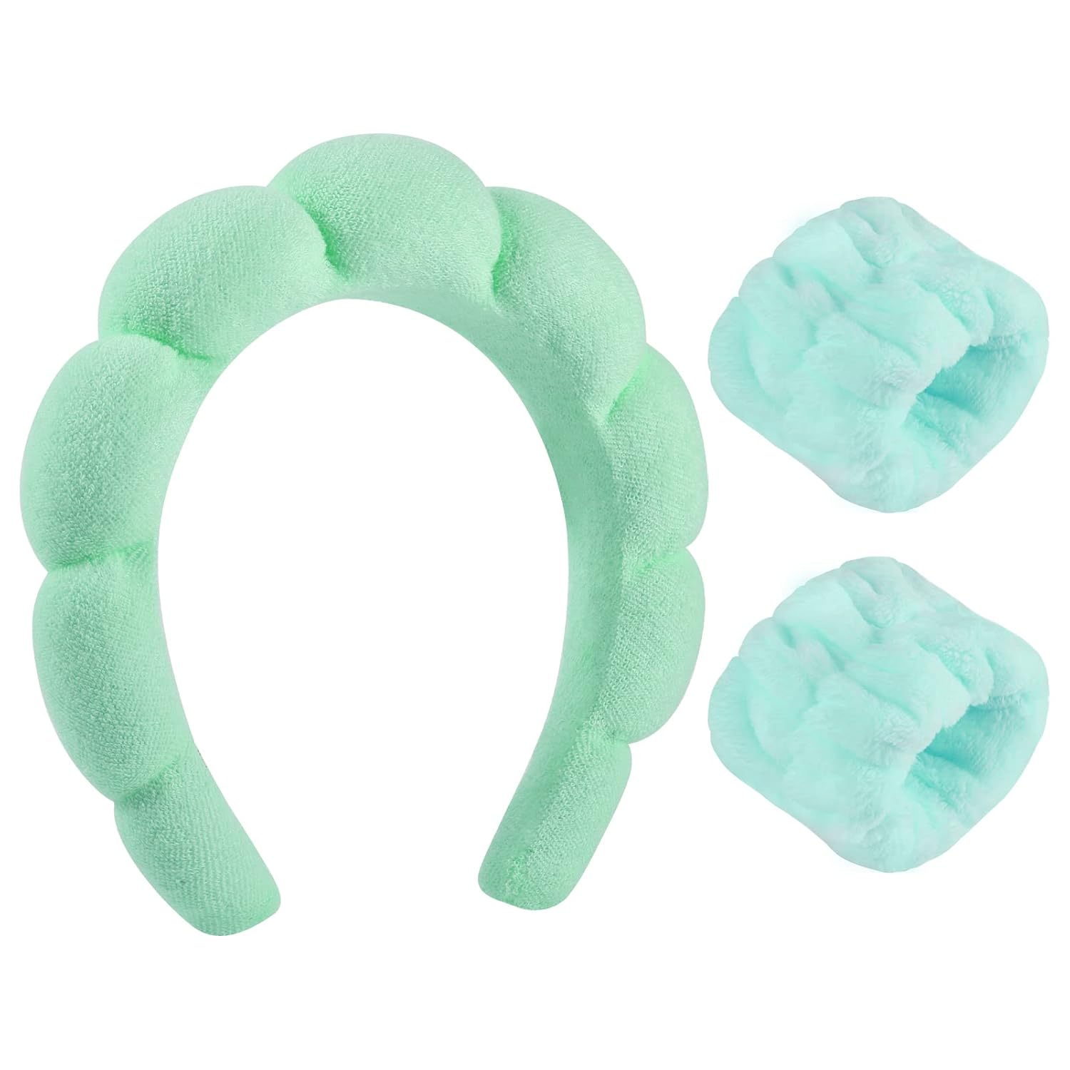 Diadema de esponja de spa para mujer, diadema de maquillaje verde y banda de lavado de muñeca para lavado de cara, cuidado de la piel, ducha,