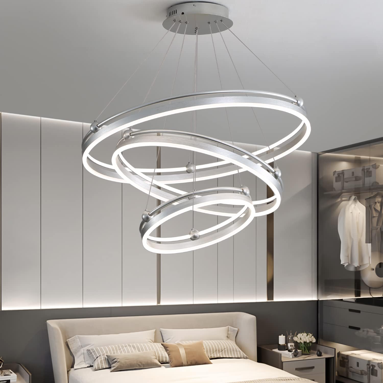 Candelabro LED moderno de 3 anillas, plateado, regulable, 230 W, 3 puntos luminosos, altura ajustable, cables de 59 pulgadas, adecuado para salas de