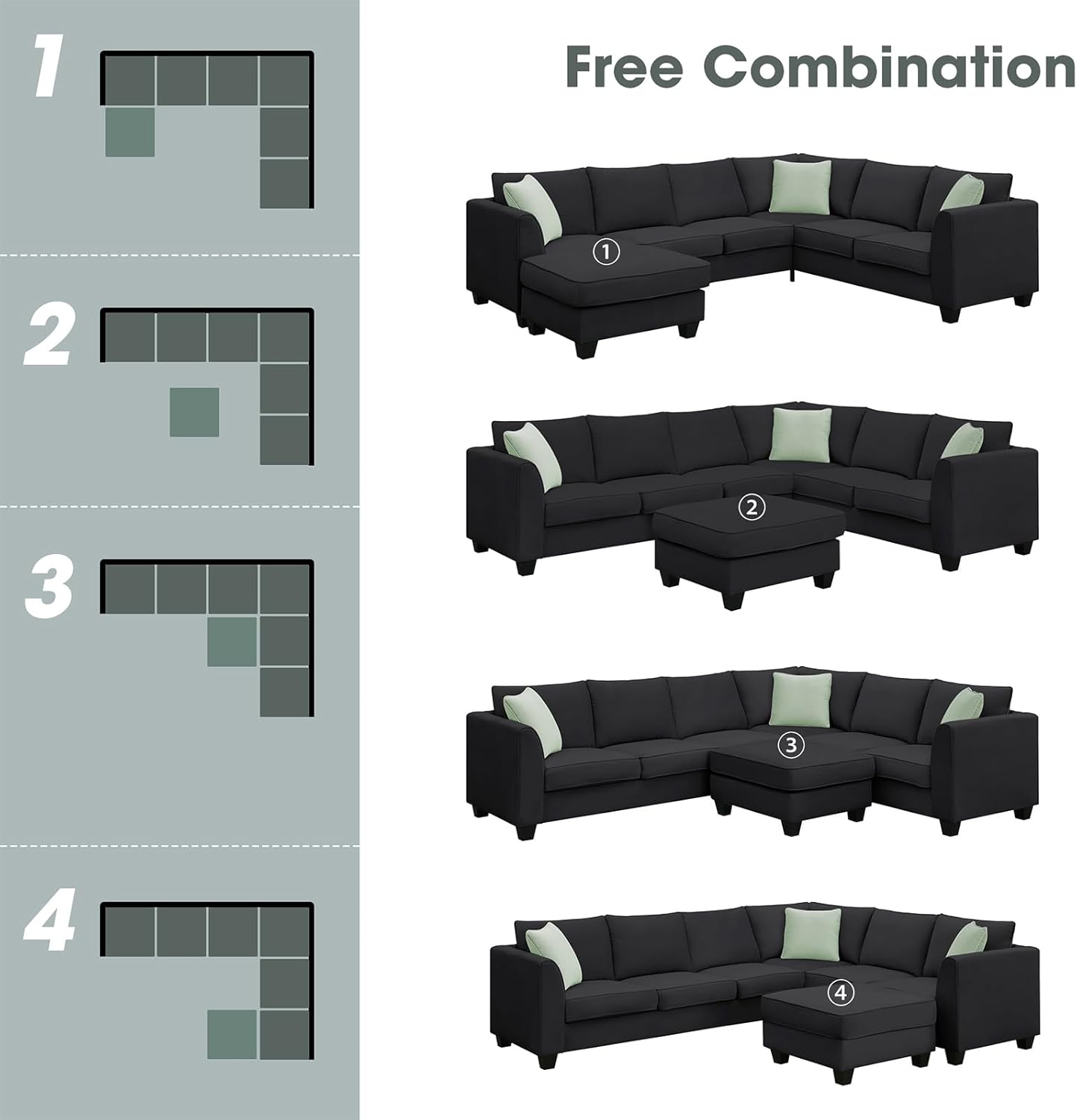 Juego de sofás seccionales de 7 asientos, sofá modular modular con otomana con diván lateral derecho en forma de L, sofá esquinero en la sala de