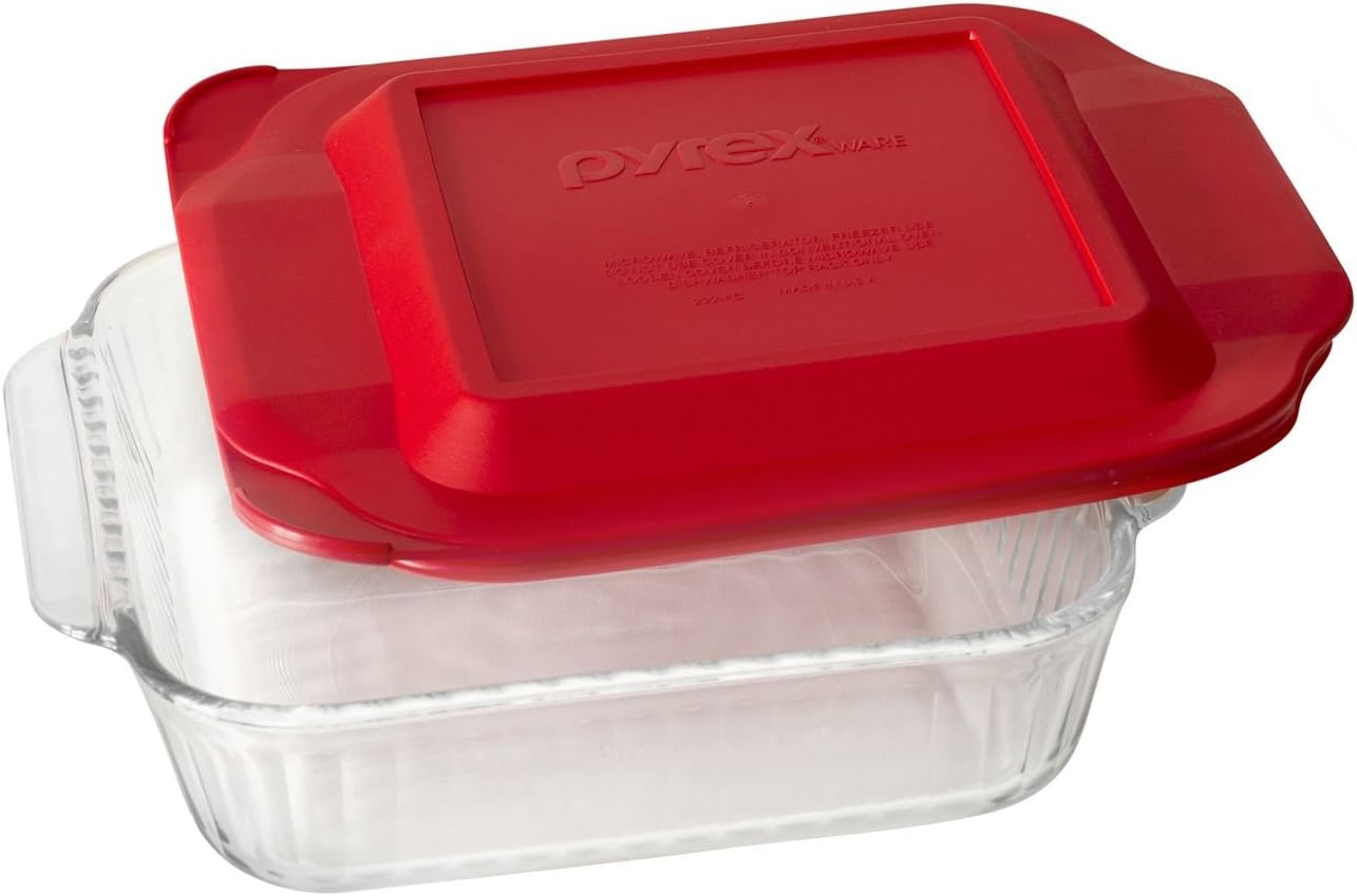 Pyrex Fuente cuadrada para horno, de 8 pulgadas, con tapa plástica roja.