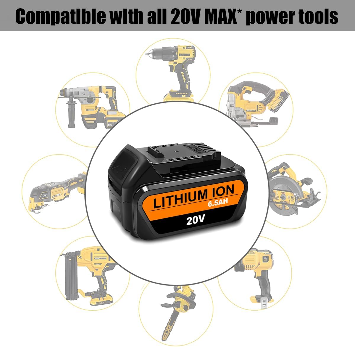 Batería de repuesto de 6.5Ah 20V para Dewalt 20V 6.0Ah DCB206 5.0Ah DCB205Y 4.0Ah DCB204 20V Max XR Batería compatible con batería de litio Dewalt
