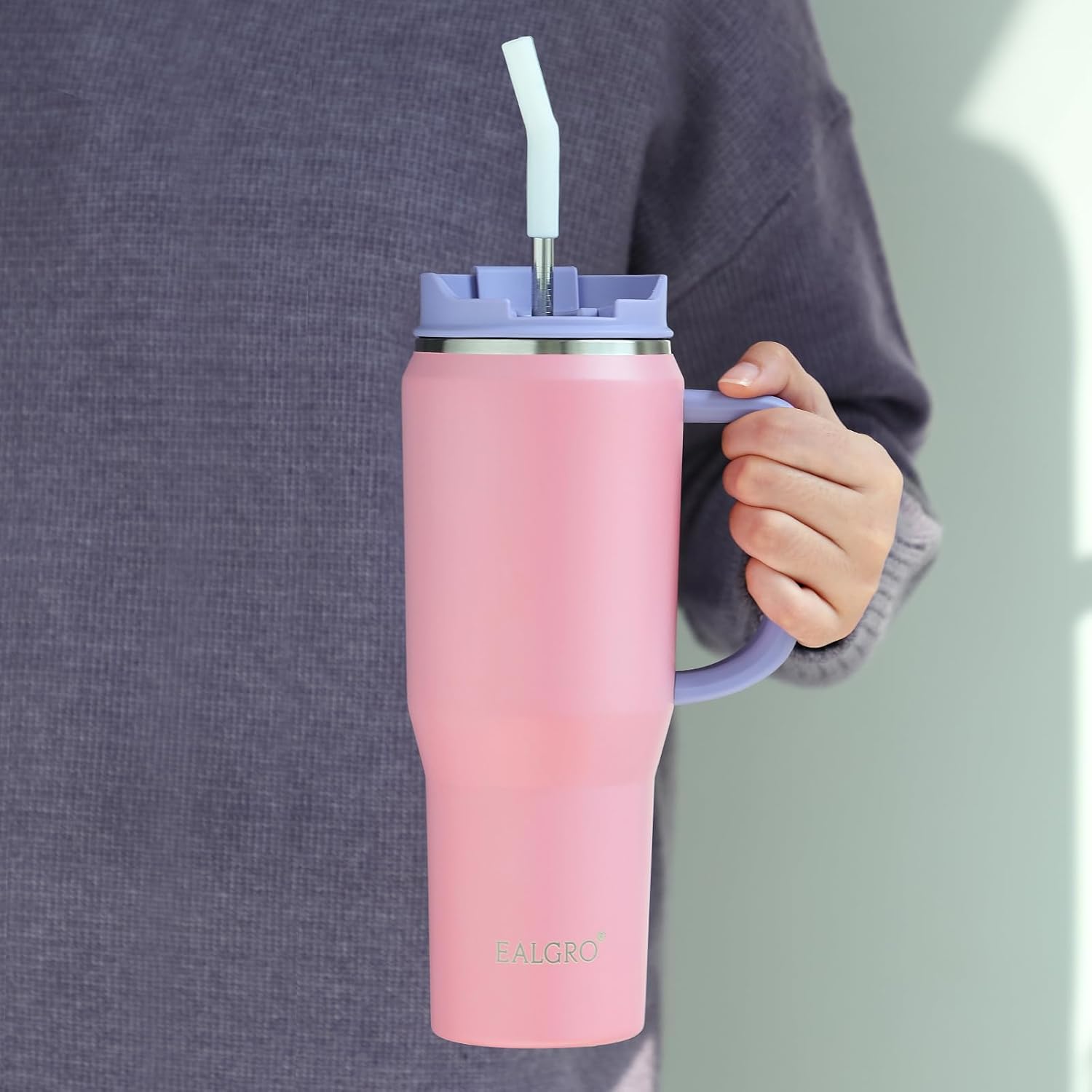 EALGRO Botella de agua aislada de 40 onzas con popote y asa, frasco de agua deportivo de metal grande, taza de café de viaje de acero inoxidable,