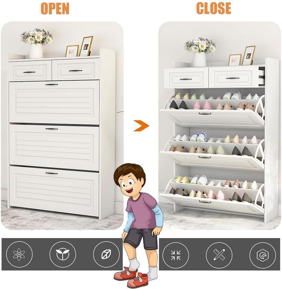 Zapatero con 3 puertas, 2 cajones para entrada, organizador de almacenamiento de zapatos estrecho blanco de 4 niveles, zapatero abatible de madera,